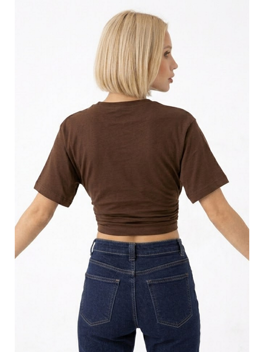 Kahverengi Kadın Fashion Slim Fit Kahve Crop Tişört-4