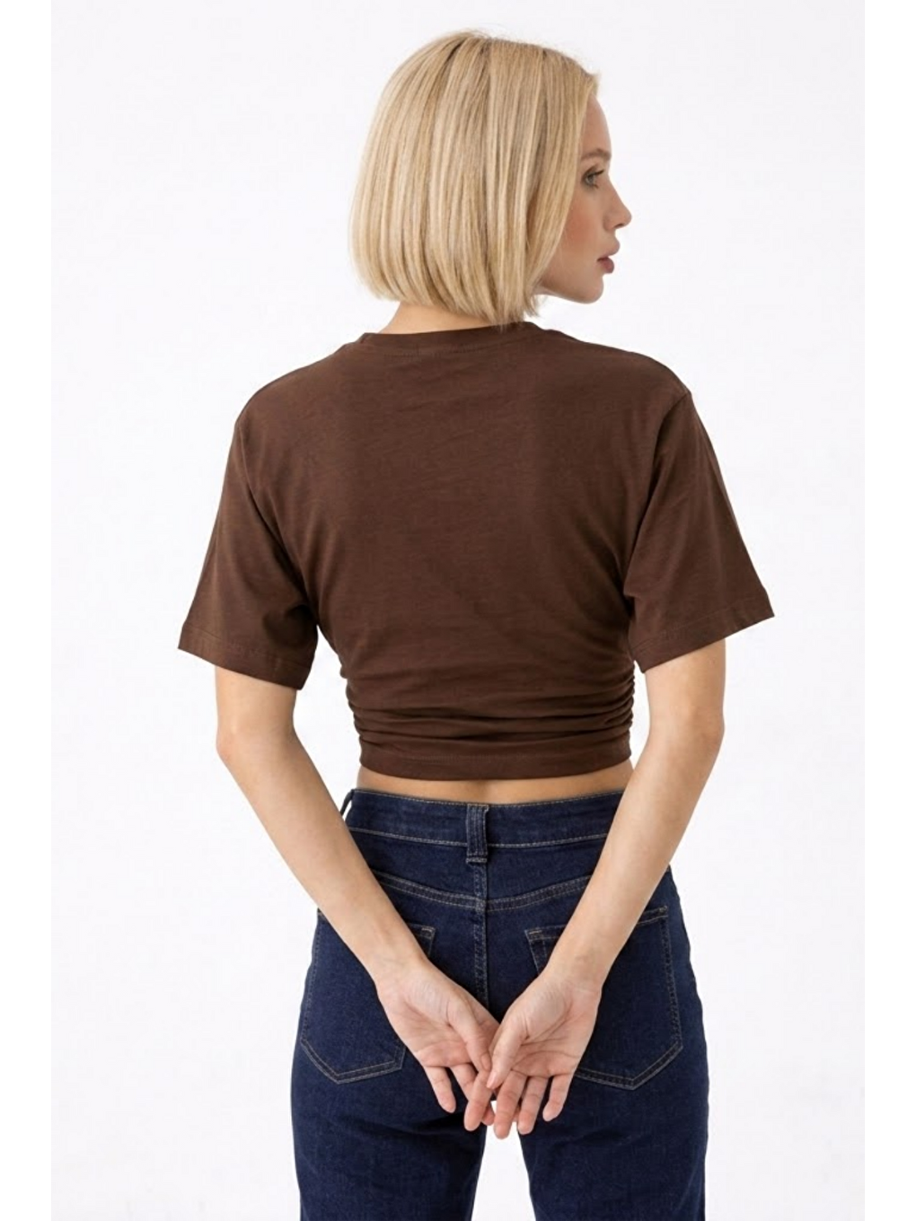 Kahverengi Kadın Fashion Slim Fit Kahve Crop Tişört-5