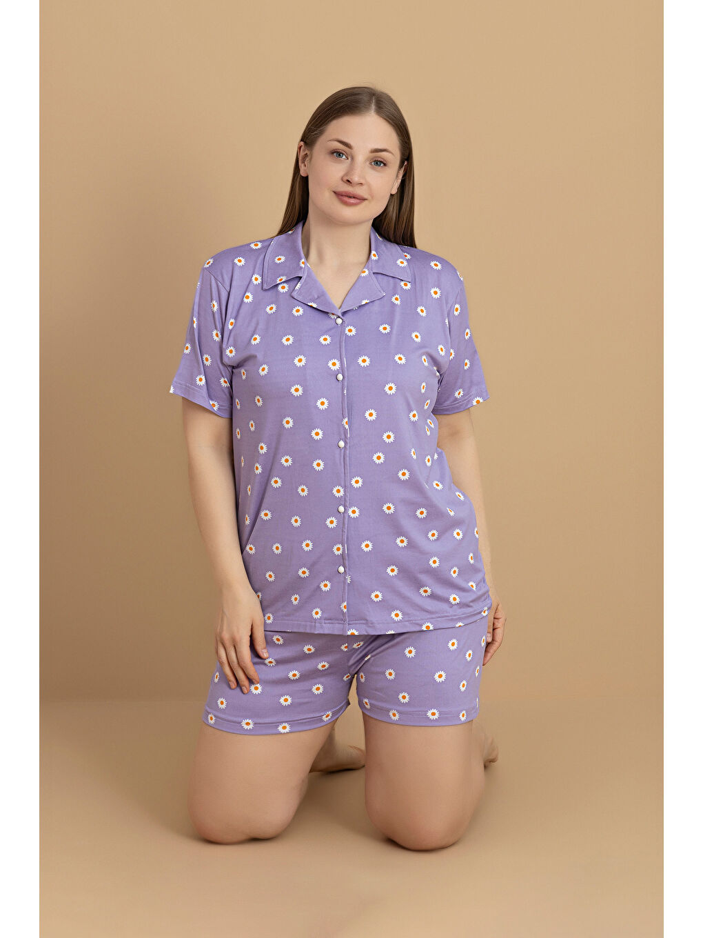 Mor Büyük Beden Yıldız Baskılı Gömlek Yaka Şortlu Pijama Takımı-1