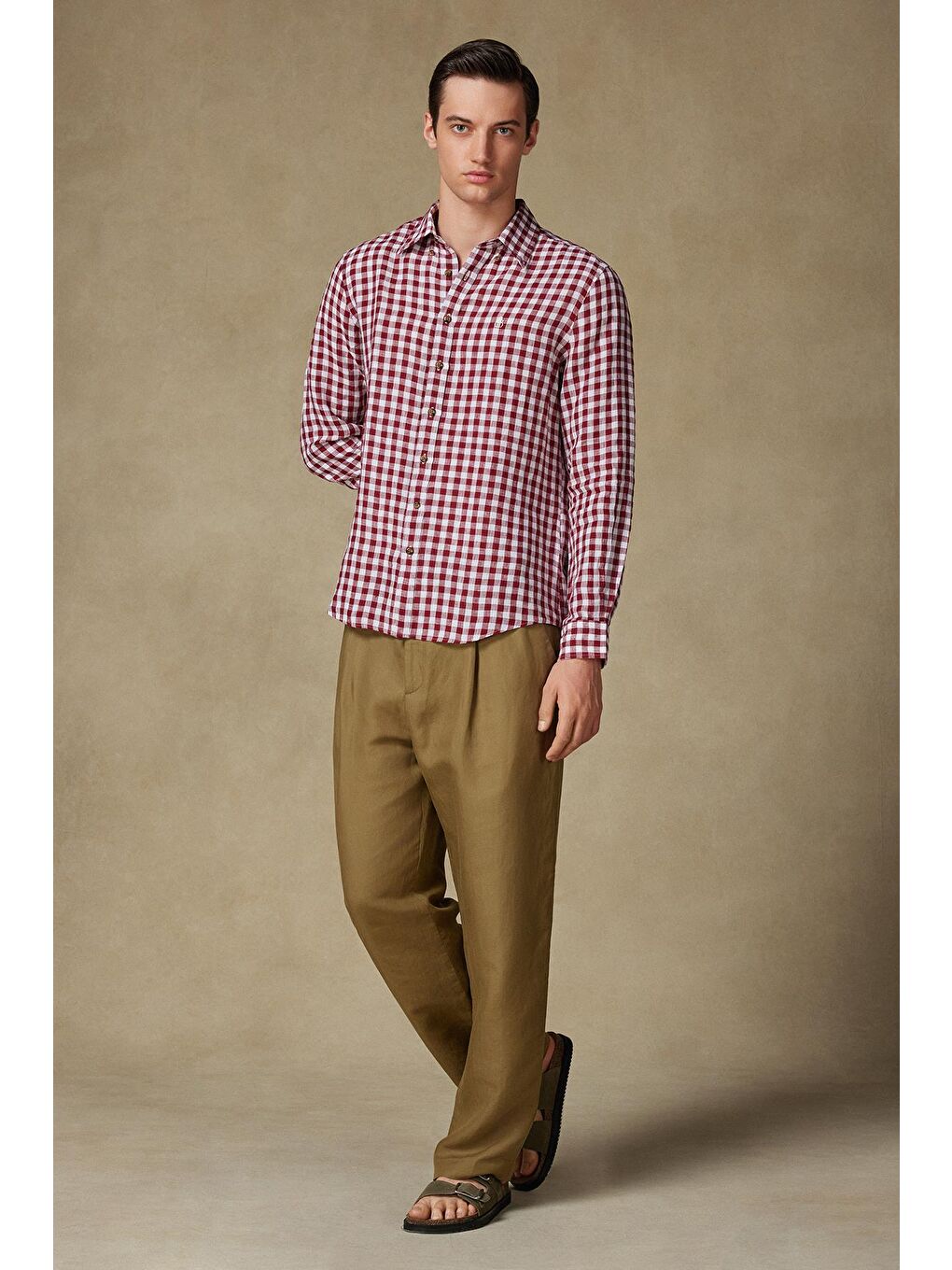 Sorento Keten Keten Comfort Fit Kırmızı Düğmeli Yaka Erkek Kareli Gömlek-3