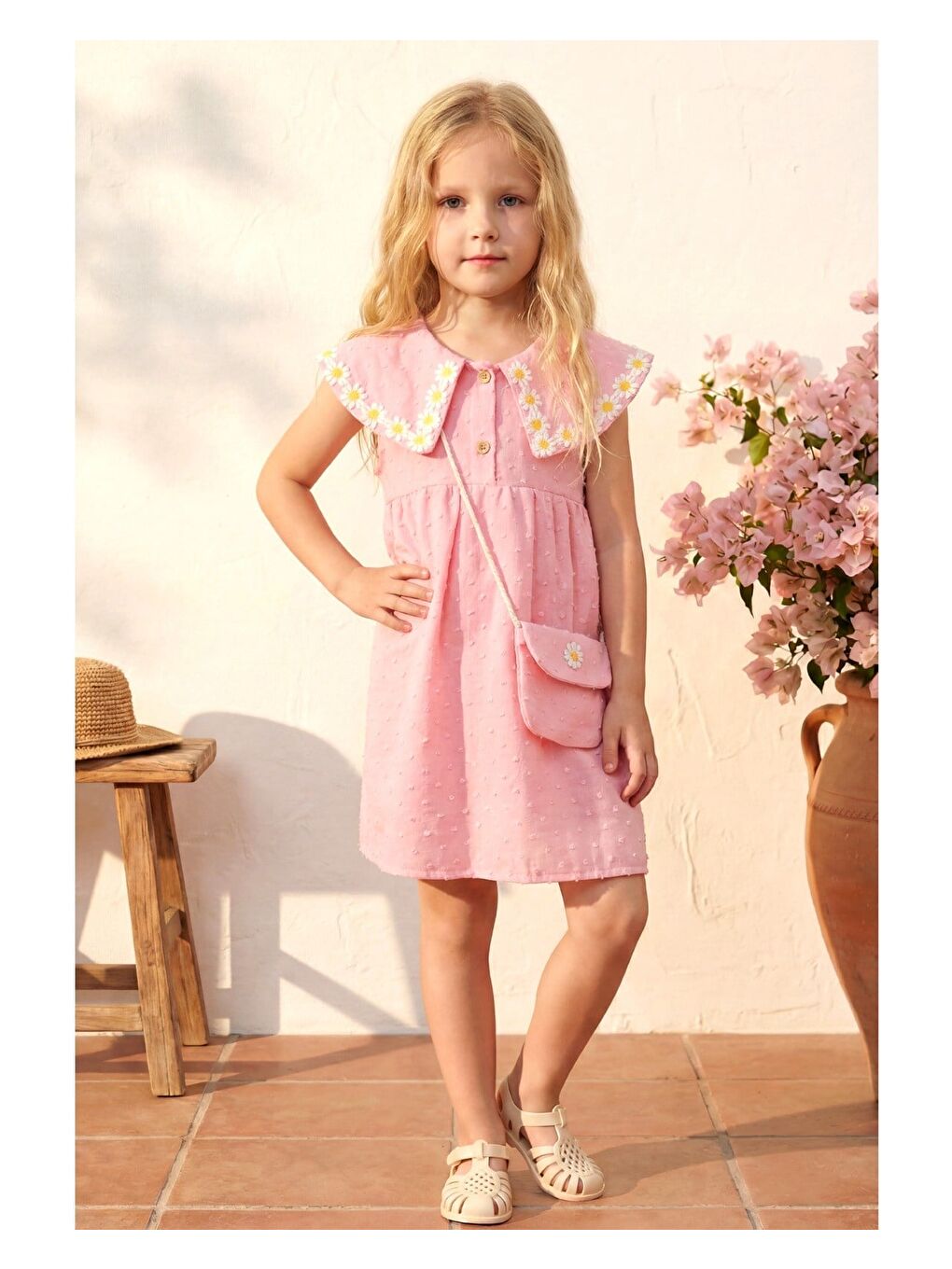 Kız Çocuk Pamuklu Pembe Papatya İşlemeli Elbise - Çantalı-1