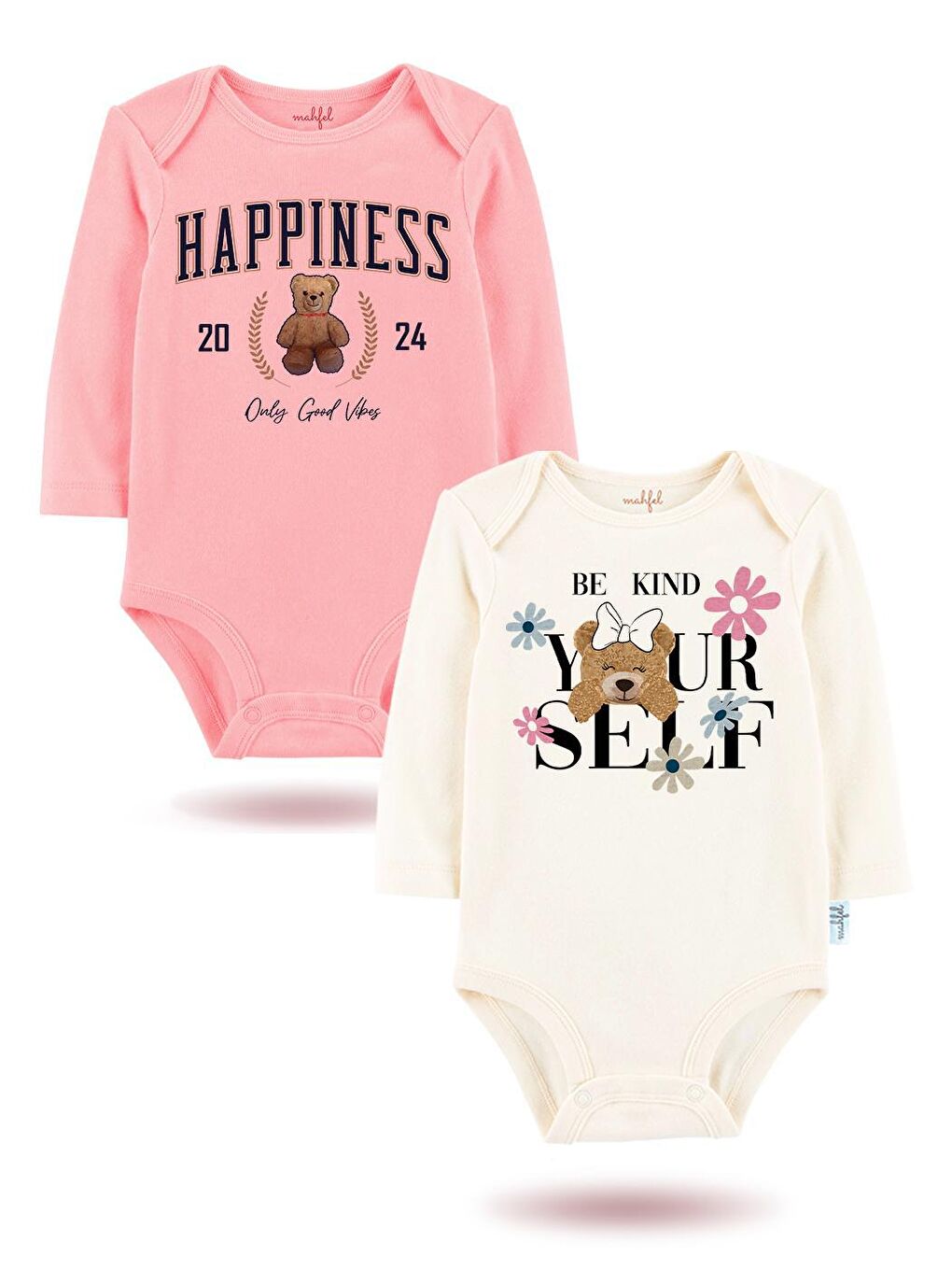 MAHFEL Ekru-Pudra 2'Li " HAPPİNES "Baskılı Uzun Kollu Unisex Bebek Çıtçıtlı Body