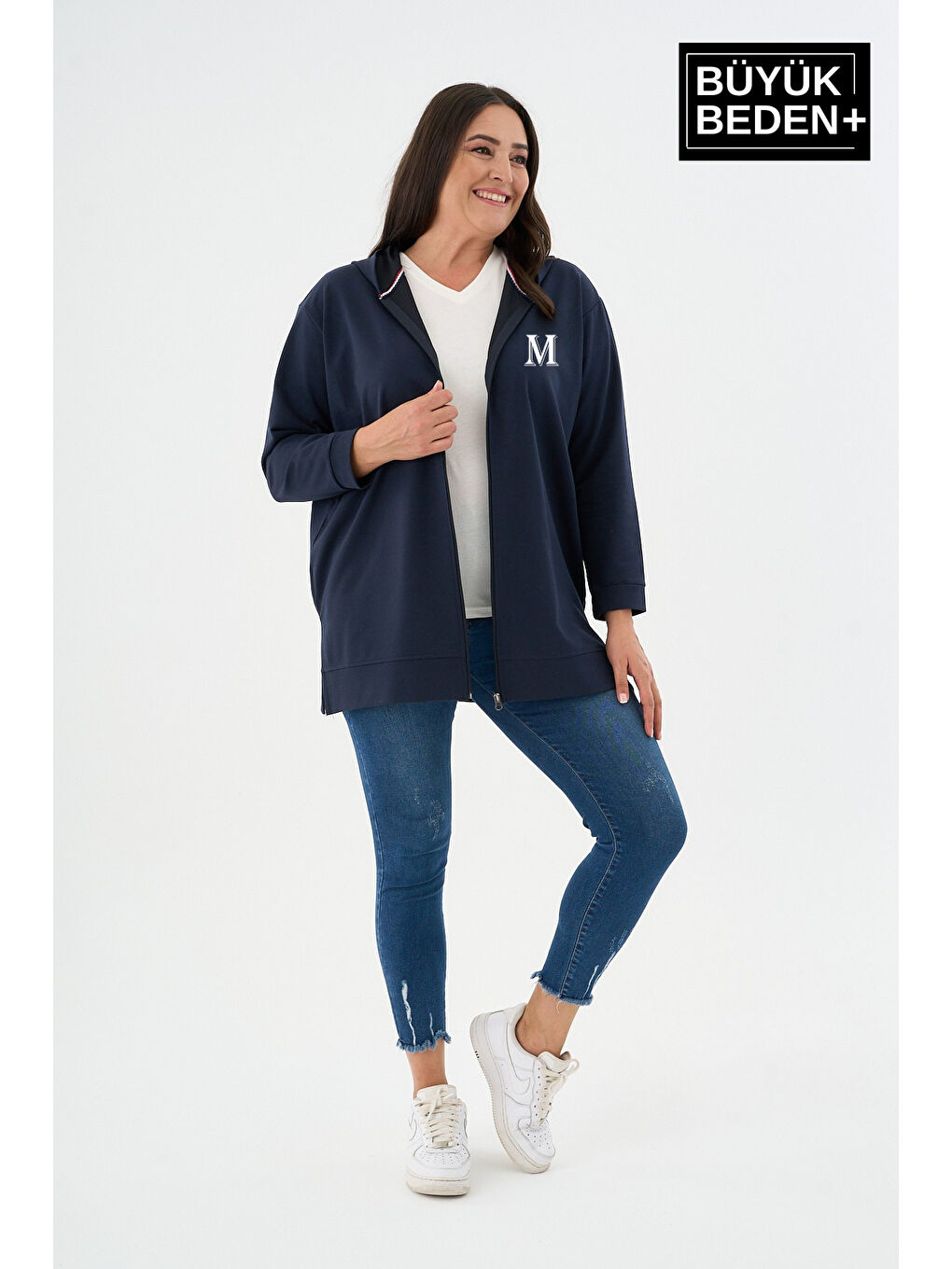Lacivert Kadın Tunik Büyük Beden M Baskılı Fermuarlı Kapüşonlu Sweat Hırka SPR26BTK955-4
