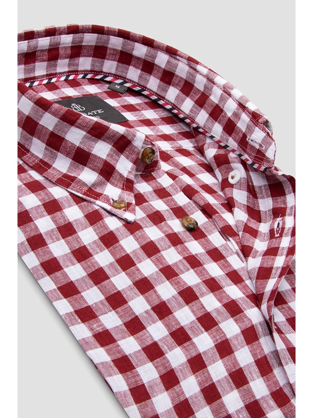 Sorento Keten Keten Comfort Fit Kırmızı Düğmeli Yaka Erkek Kareli Gömlek-5