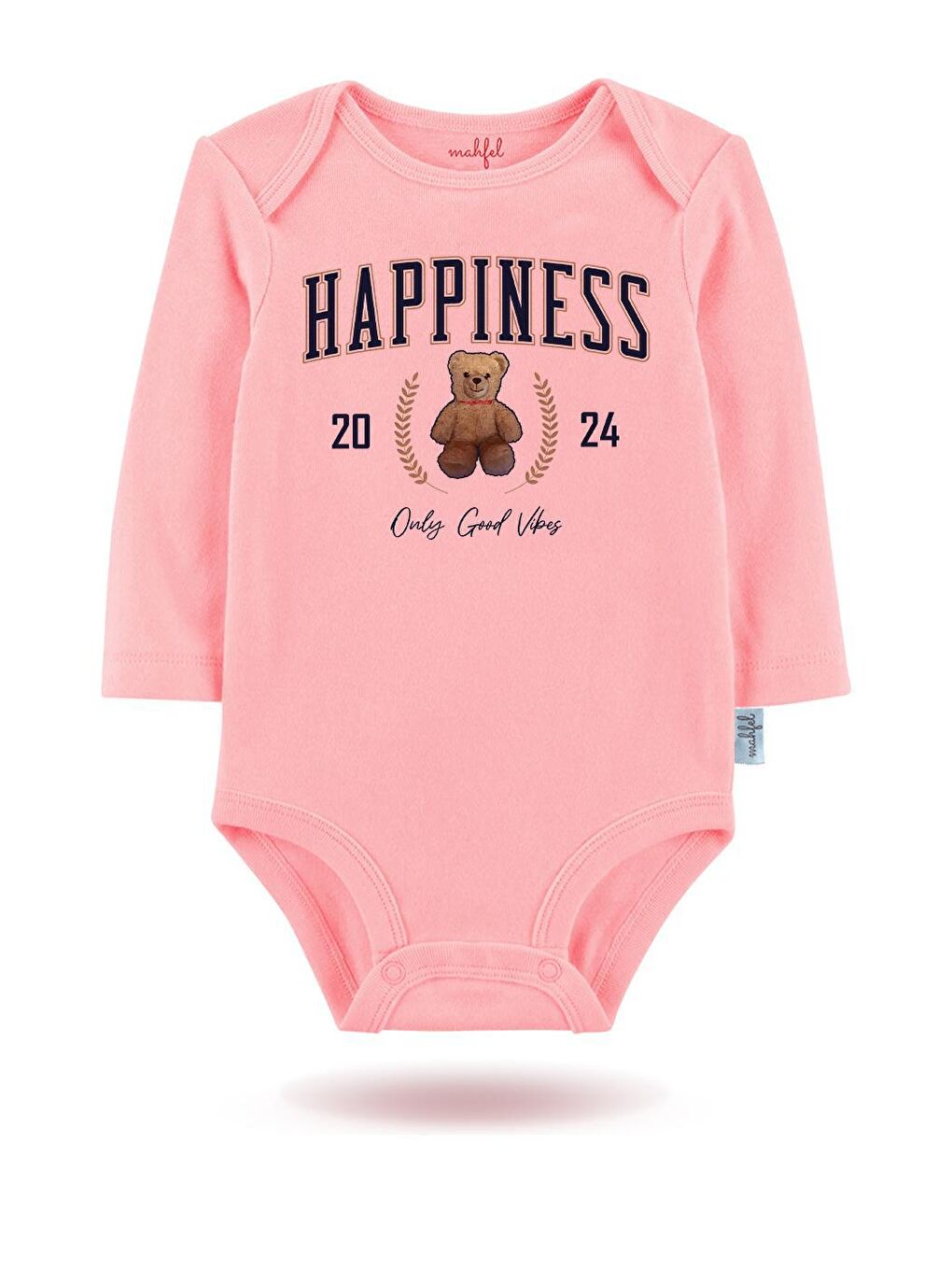 MAHFEL Ekru-Pudra 2'Li " HAPPİNES "Baskılı Uzun Kollu Unisex Bebek Çıtçıtlı Body - 1