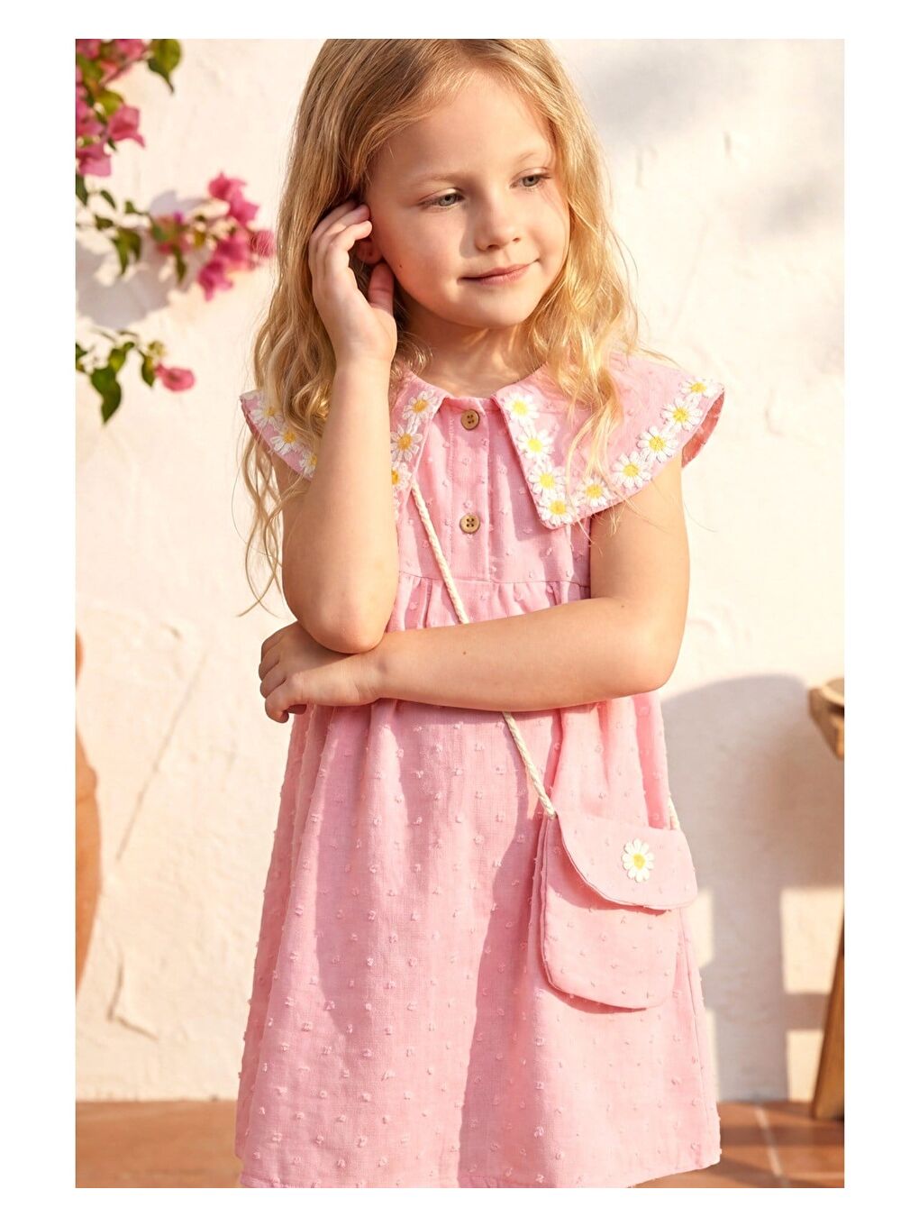 Kız Çocuk Pamuklu Pembe Papatya İşlemeli Elbise - Çantalı-2