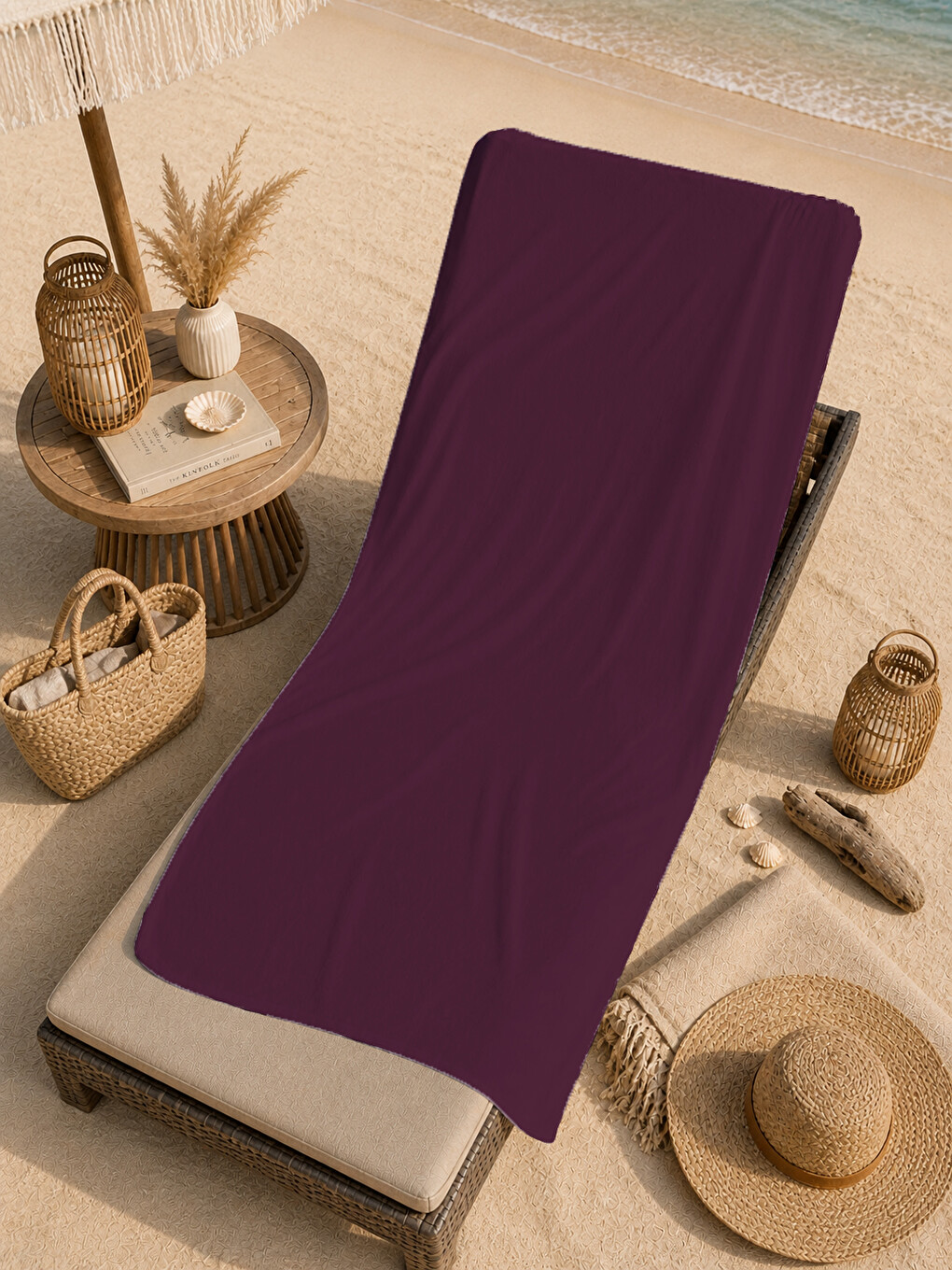 Modern Minimal Bordo Mor Sade Tek Renkli Desenli 70x150 Plaj Havlusu - Pamuklu Banyo Havlusu-4