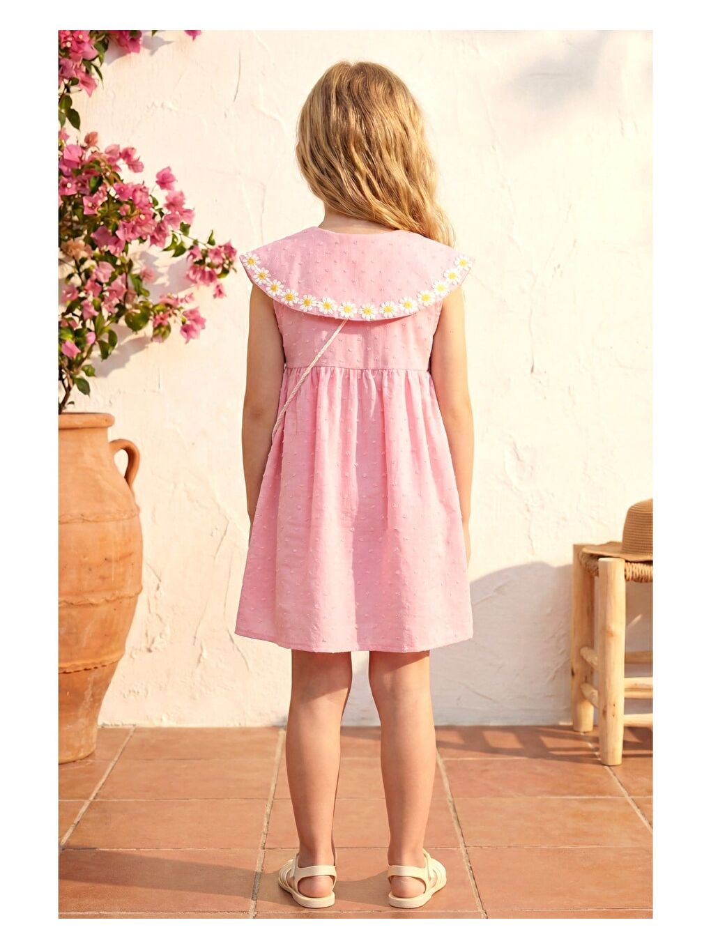 Kız Çocuk Pamuklu Pembe Papatya İşlemeli Elbise - Çantalı-3