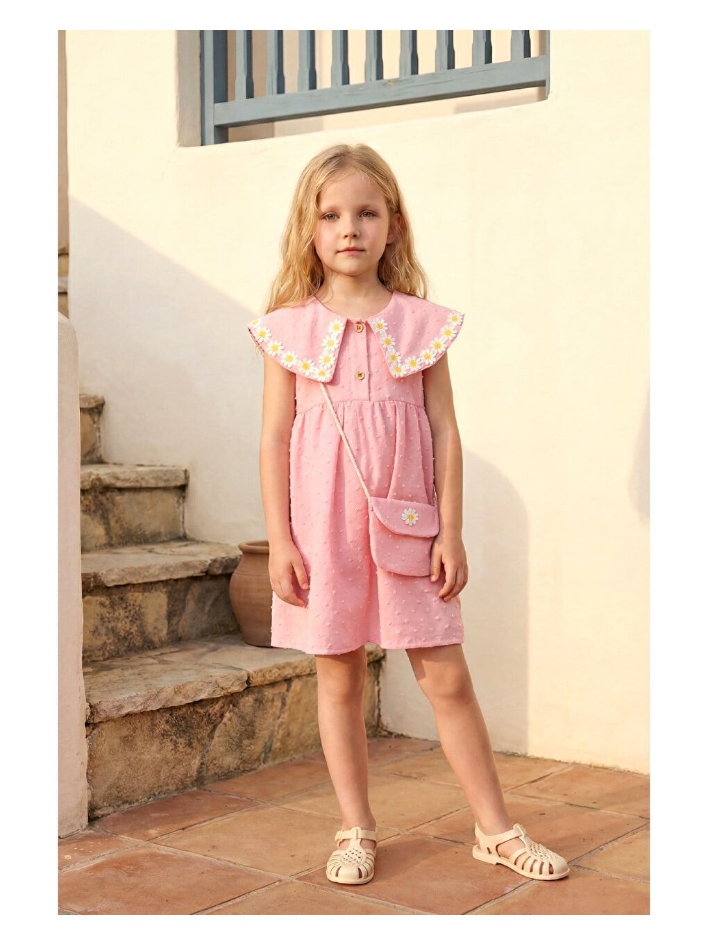 Kız Çocuk Pamuklu Pembe Papatya İşlemeli Elbise - Çantalı-4
