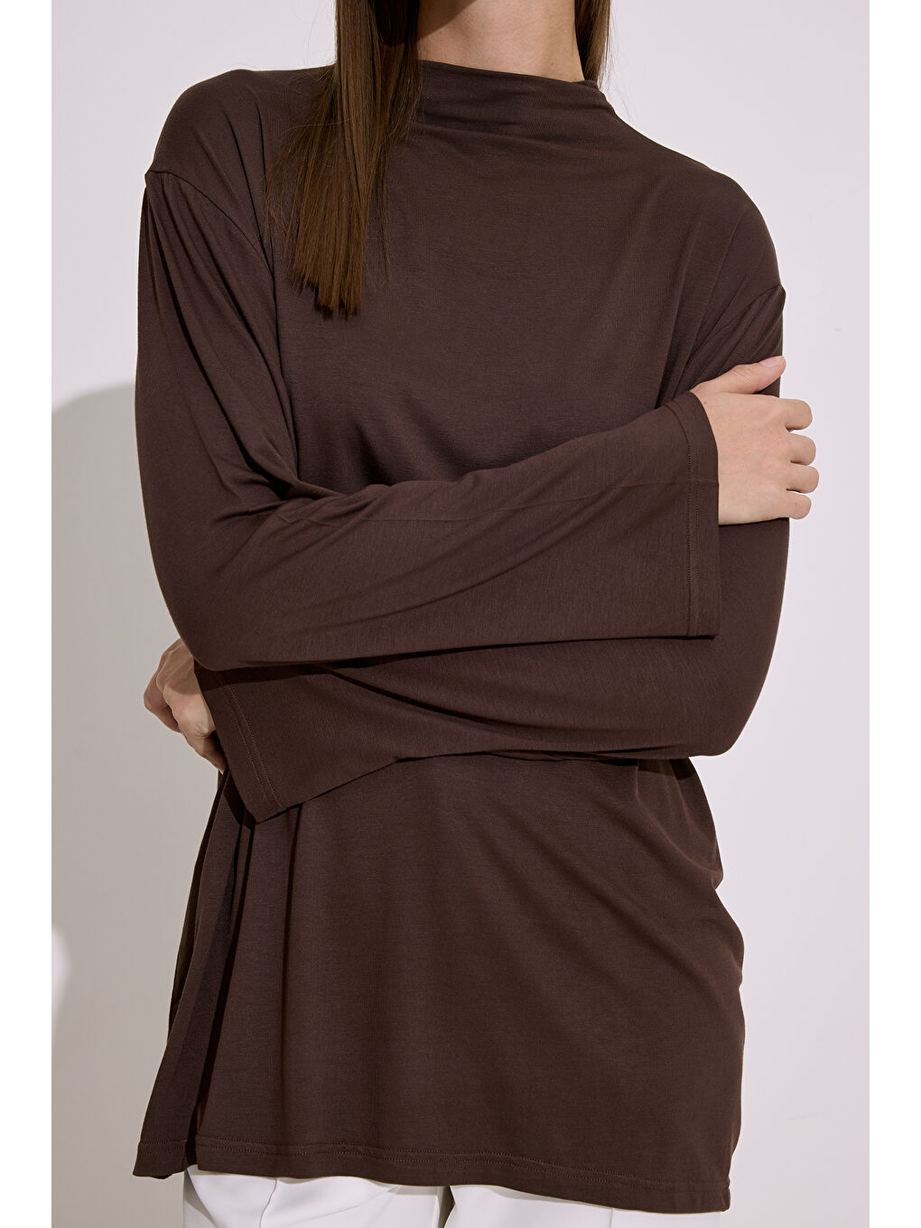 Dökümlü Uzun Kol Bluz Kahverengi