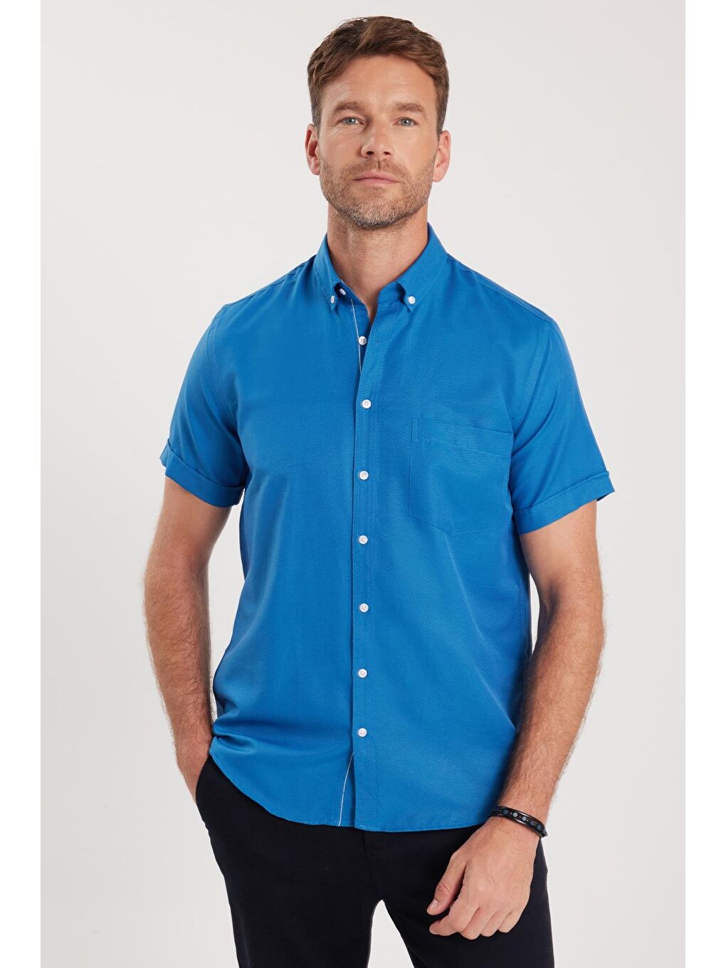 Erkek Klasik Regular Fit Rahat Kesim Düğmeli Spor Yaka Oxford Pamuklu Kısa Kol Saks Mavi Gömlek-1