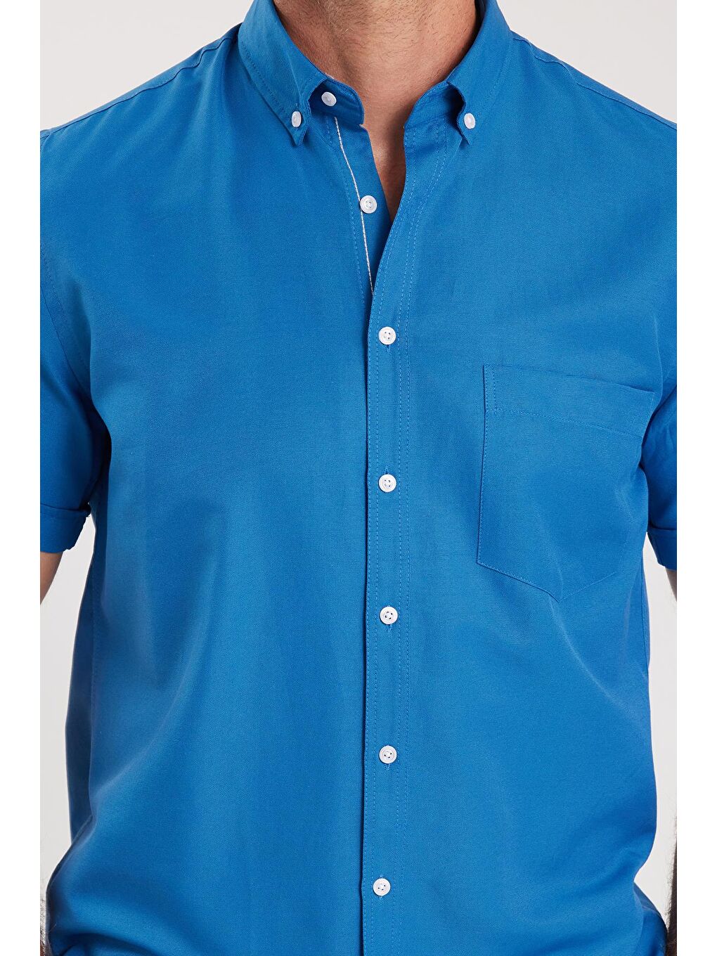Erkek Klasik Regular Fit Rahat Kesim Düğmeli Spor Yaka Oxford Pamuklu Kısa Kol Saks Mavi Gömlek-2