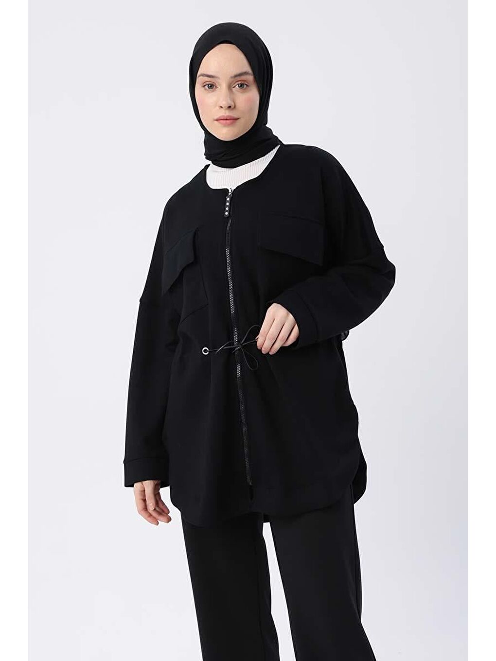 Siyah-Belden Büzgülü Cepli Ceket-4