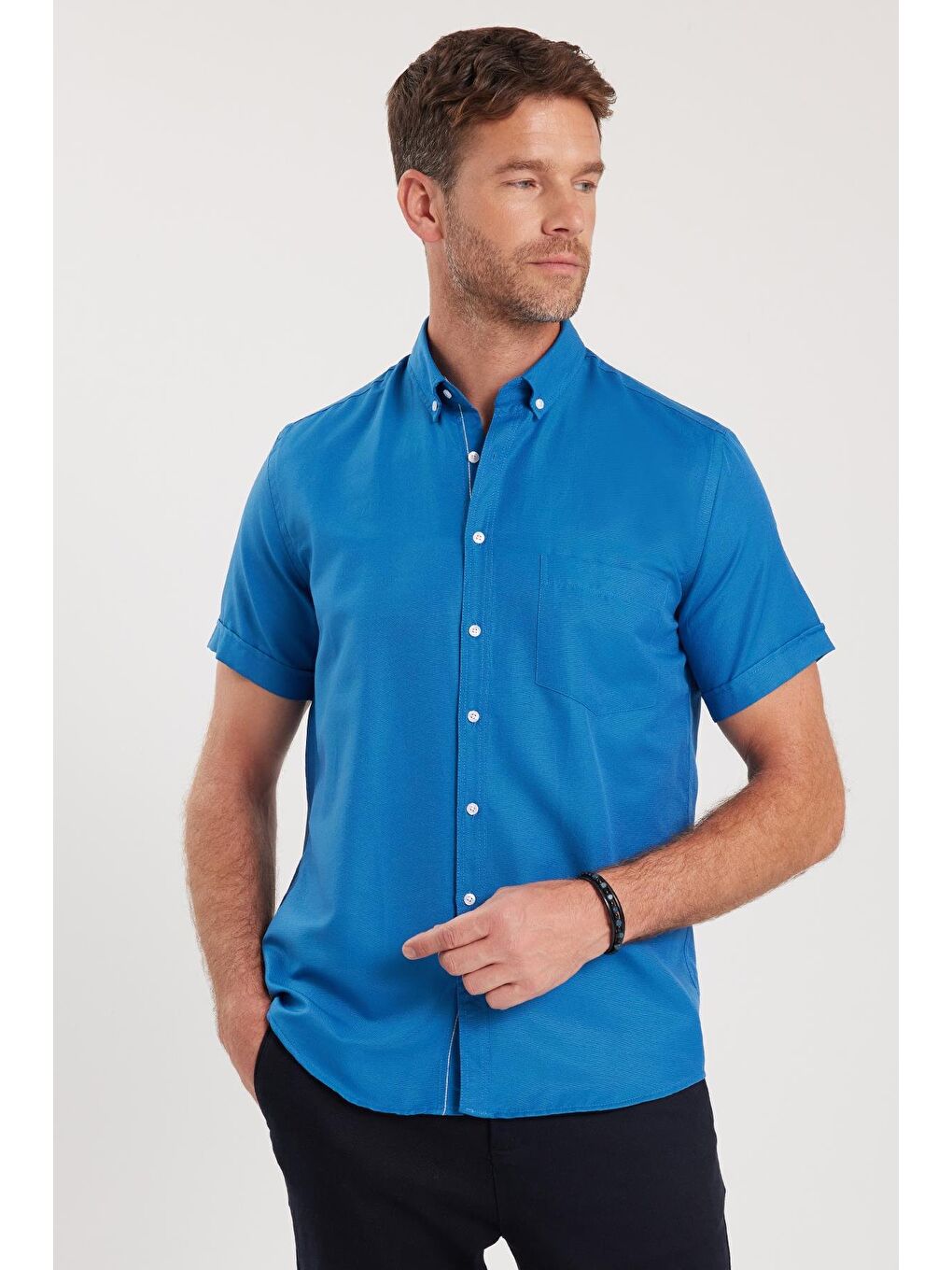 Erkek Klasik Regular Fit Rahat Kesim Düğmeli Spor Yaka Oxford Pamuklu Kısa Kol Saks Mavi Gömlek-3