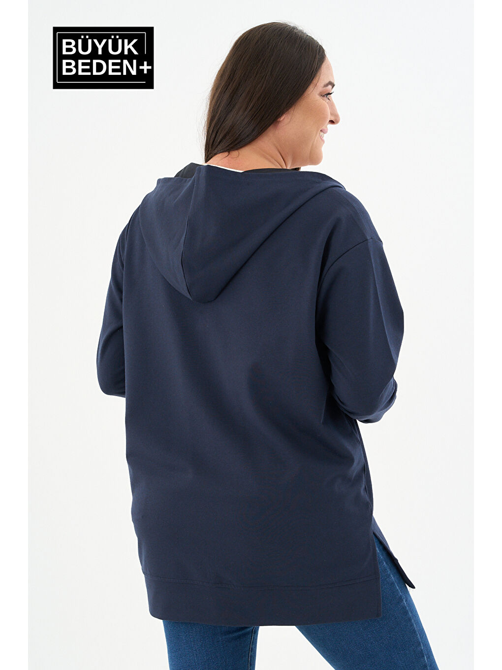 Lacivert Kadın Tunik Büyük Beden M Baskılı Fermuarlı Kapüşonlu Sweat Hırka SPR26BTK955-4-2