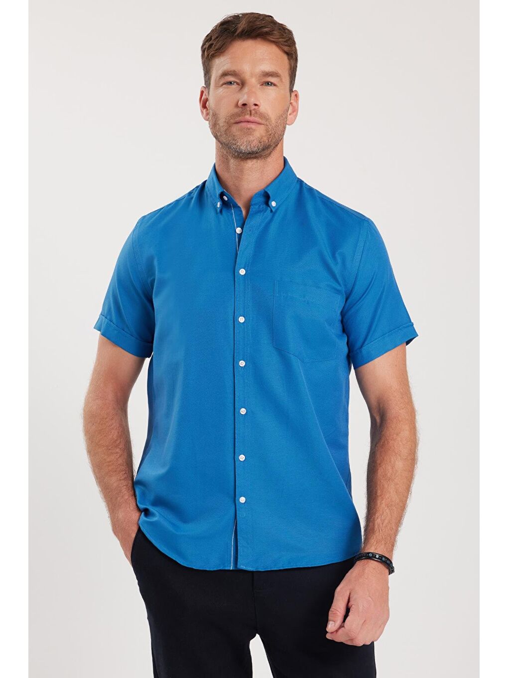 Erkek Klasik Regular Fit Rahat Kesim Düğmeli Spor Yaka Oxford Pamuklu Kısa Kol Saks Mavi Gömlek-4