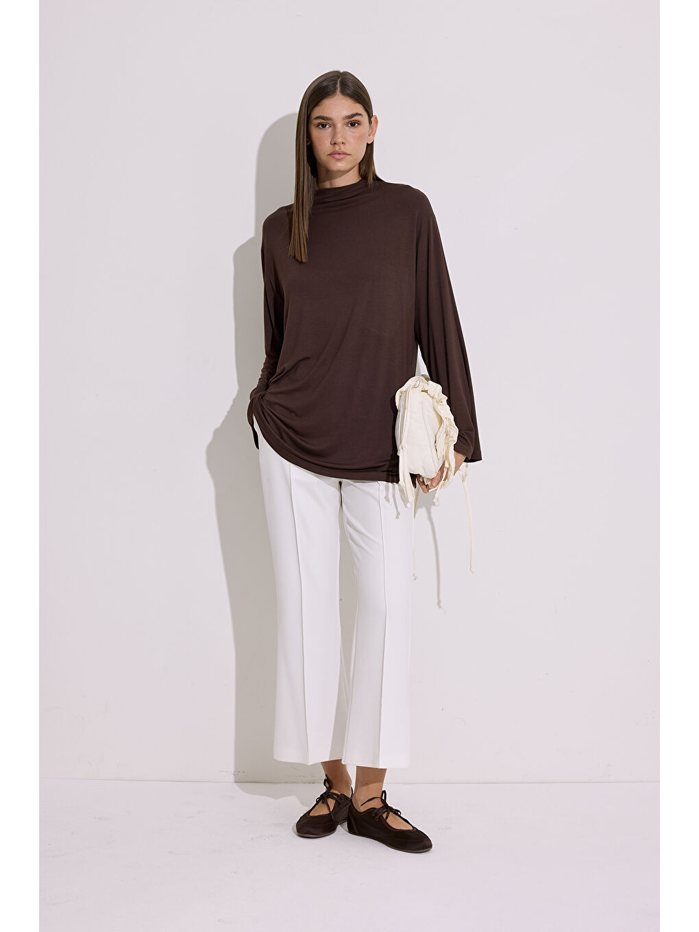 Dökümlü Uzun Kol Bluz Kahverengi-1