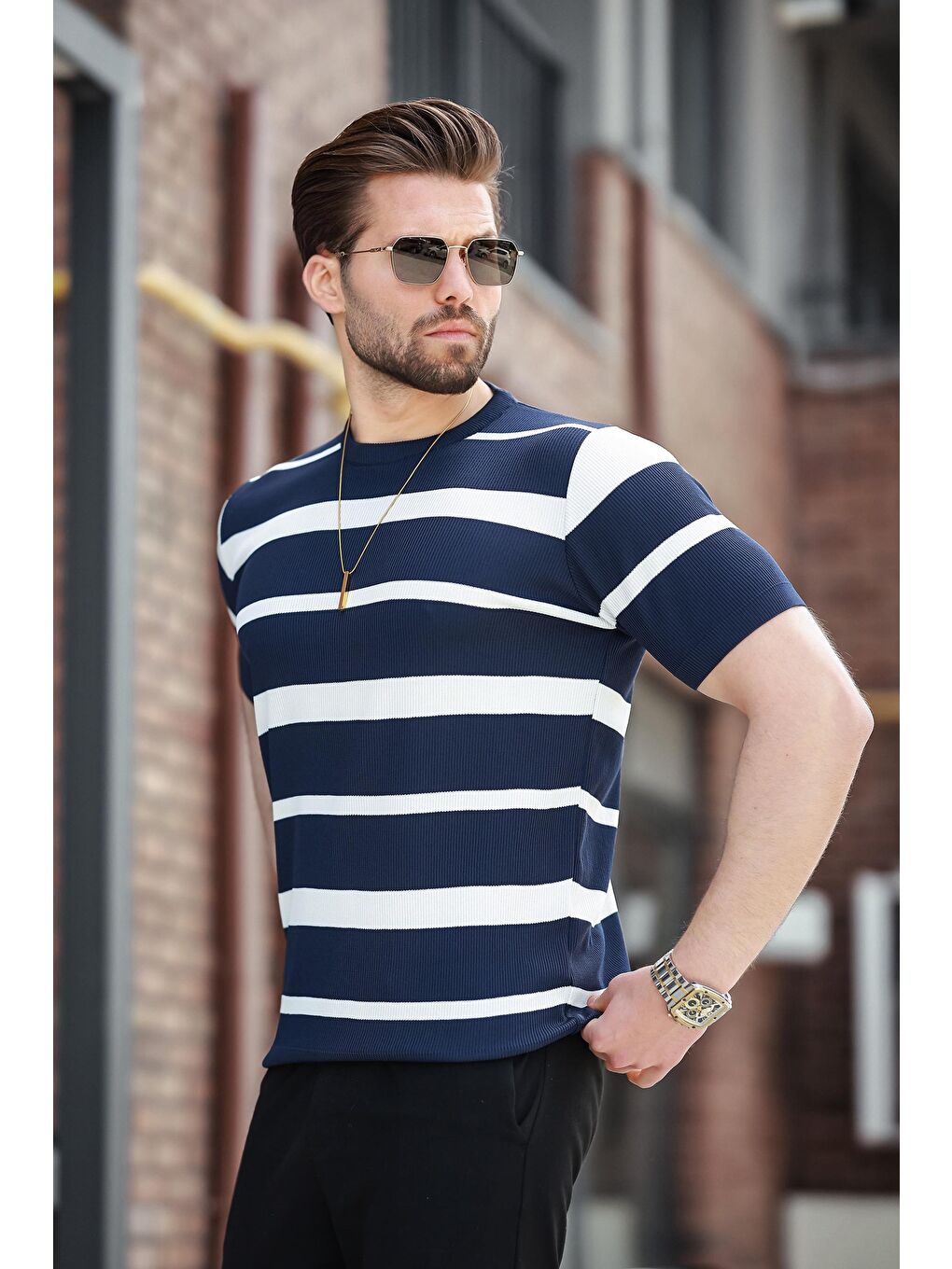 Lacivert Çizgili Bisiklet Yaka Triko Tişört E7414-2