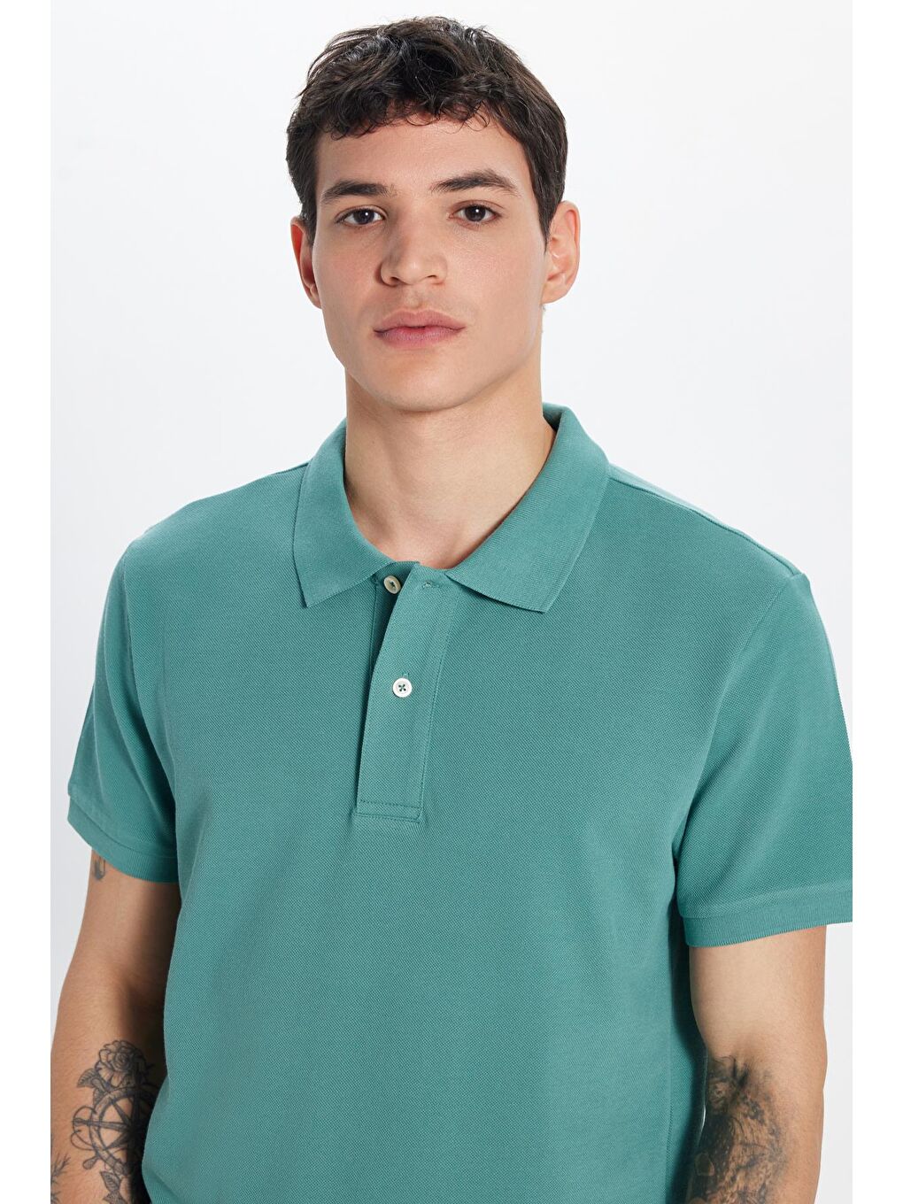 TUDORS Erkek Slim Fit Dar Kesim %100 Pamuk Yeşil Polo Yaka Tişört - 1