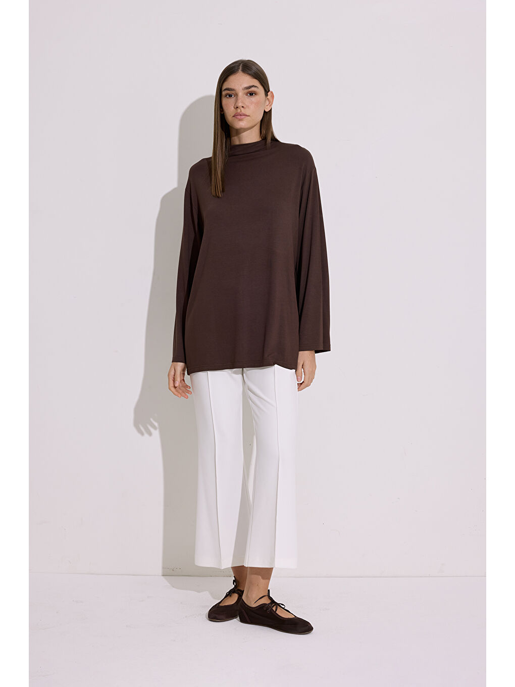 Dökümlü Uzun Kol Bluz Kahverengi-2