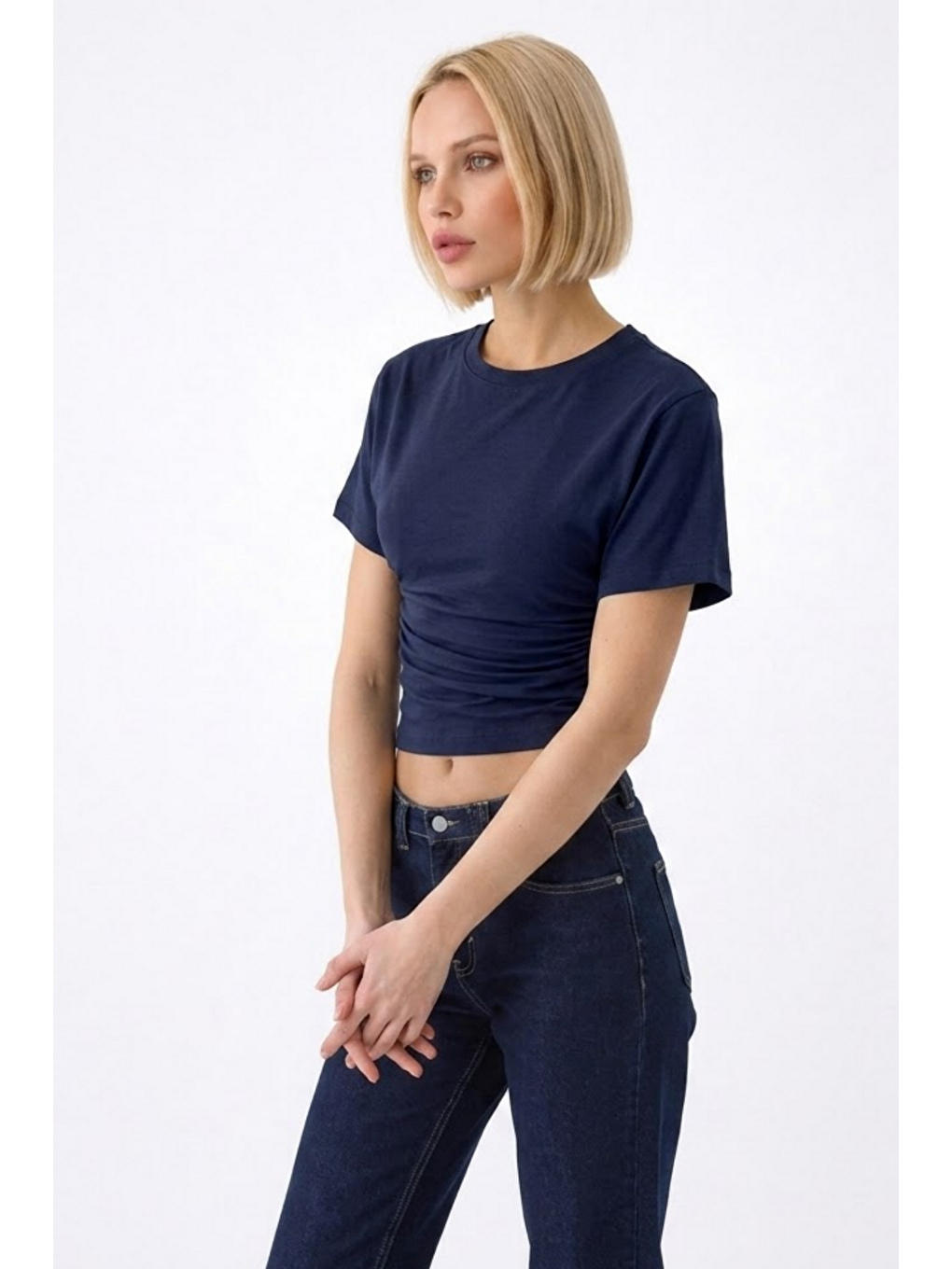 Kadın Fashion Slim Fit Lacivert Crop Tişört-1