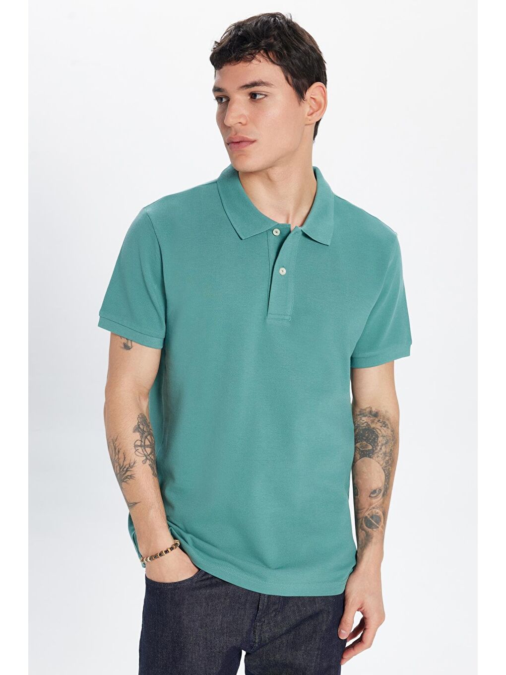 TUDORS Erkek Slim Fit Dar Kesim %100 Pamuk Yeşil Polo Yaka Tişört - 2