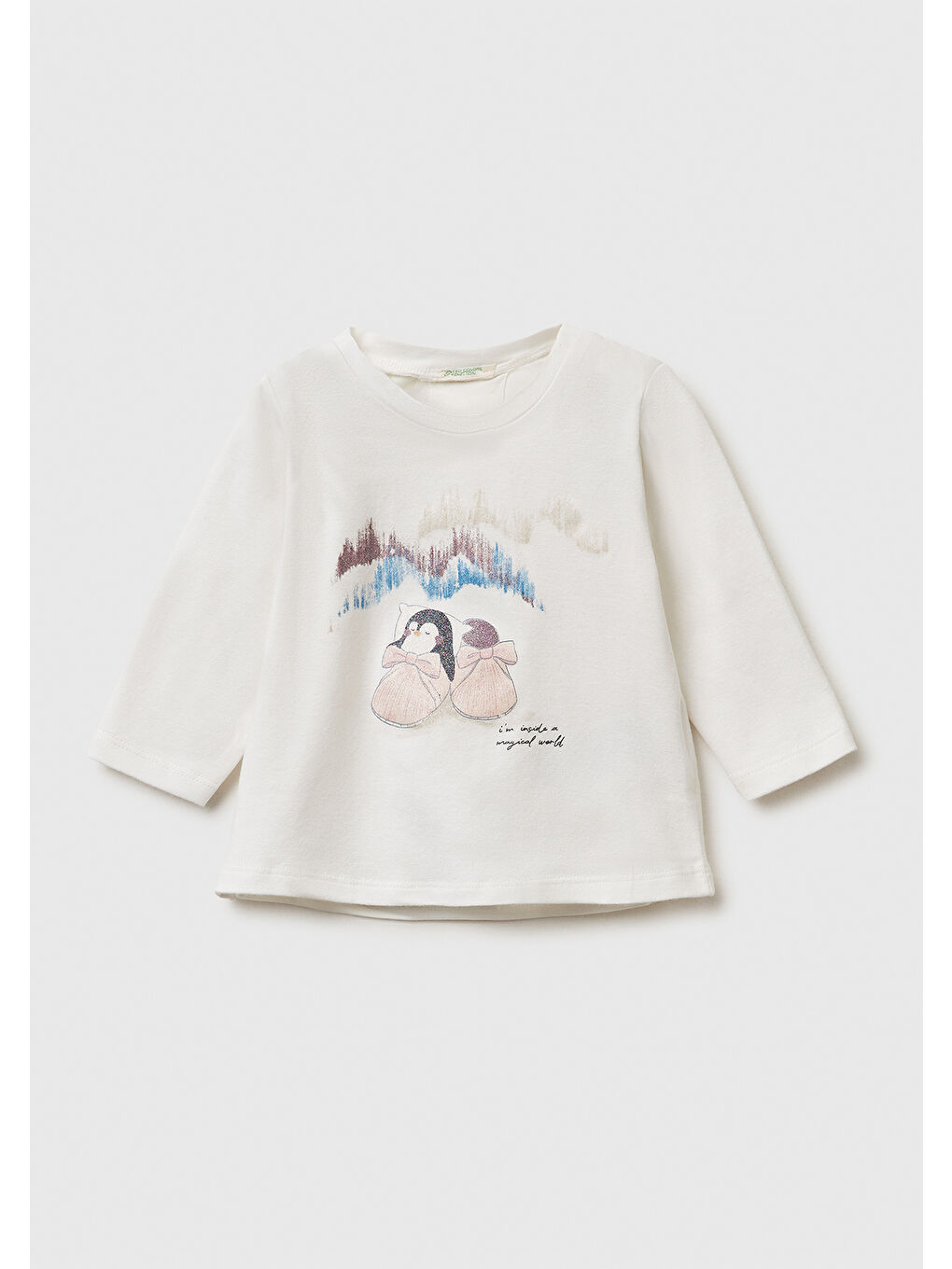 Bebek Ekru Önü Baskılı Yıldız Simli Uzun Kollu T-shirt