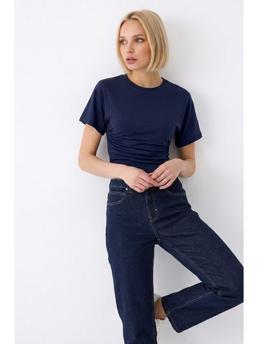 Kadın Fashion Slim Fit Lacivert Crop Tişört-3