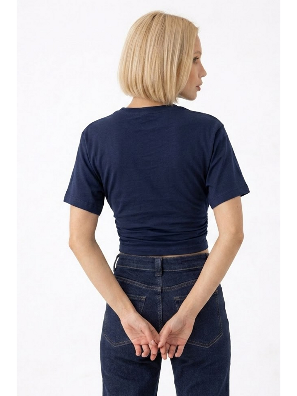 Kadın Fashion Slim Fit Lacivert Crop Tişört-5