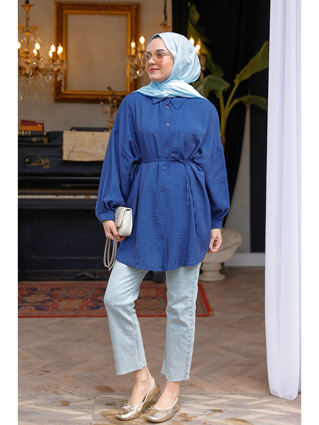 Kadın Belden Bağlamalı Gömlek  Lacivert-1