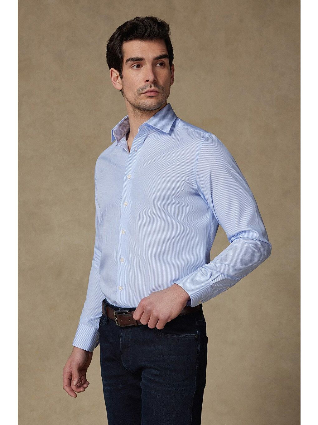 Donatello Non Iron Armür Pamuklu Slim Fit Açık Mavi Klasik Yaka Erkek Çizgili %100 Pamuk Gömlek