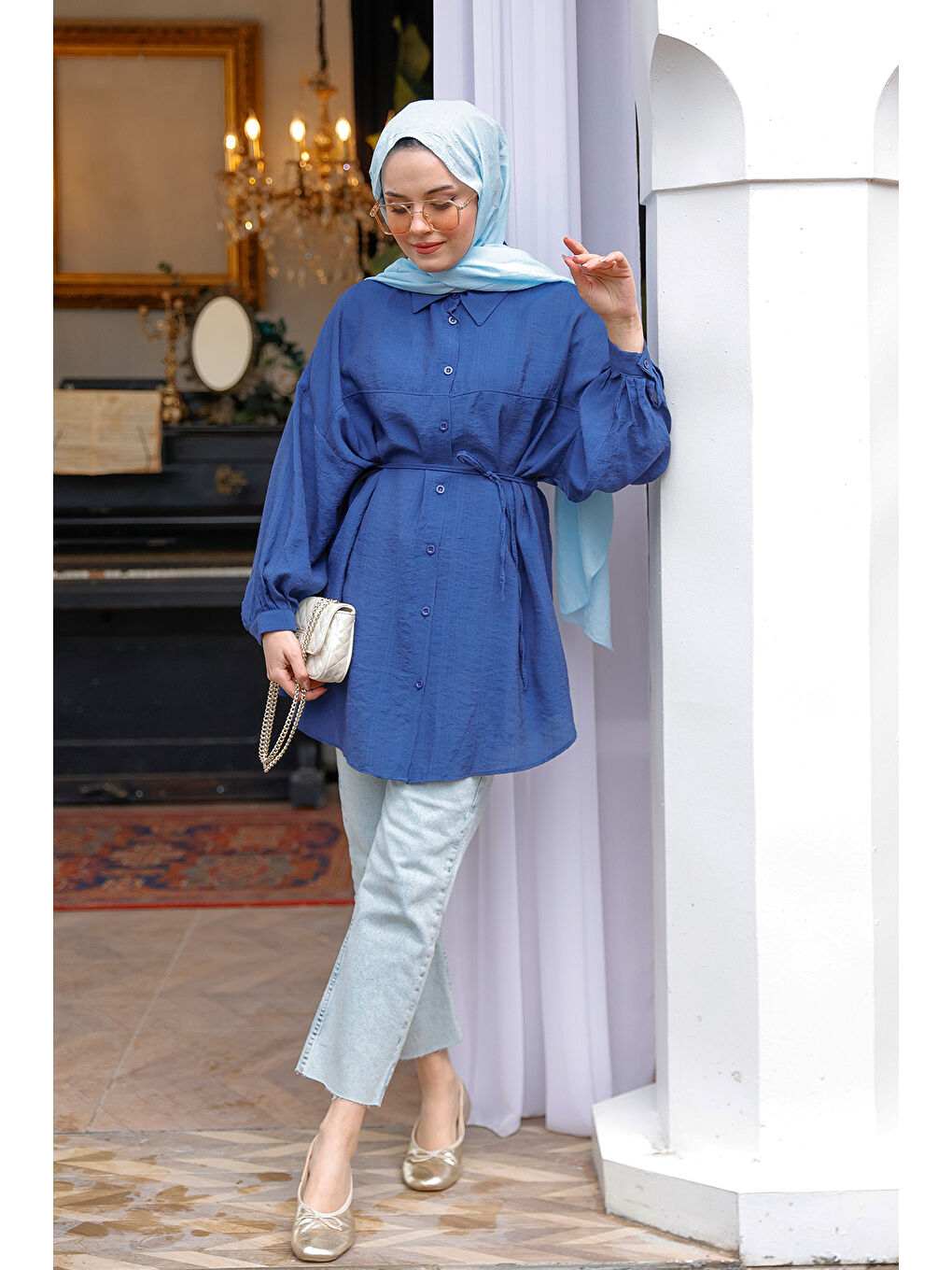 Kadın Belden Bağlamalı Gömlek  Lacivert-2