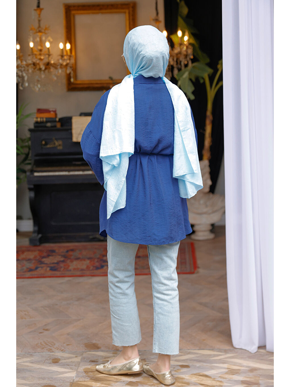 Kadın Belden Bağlamalı Gömlek  Lacivert-3