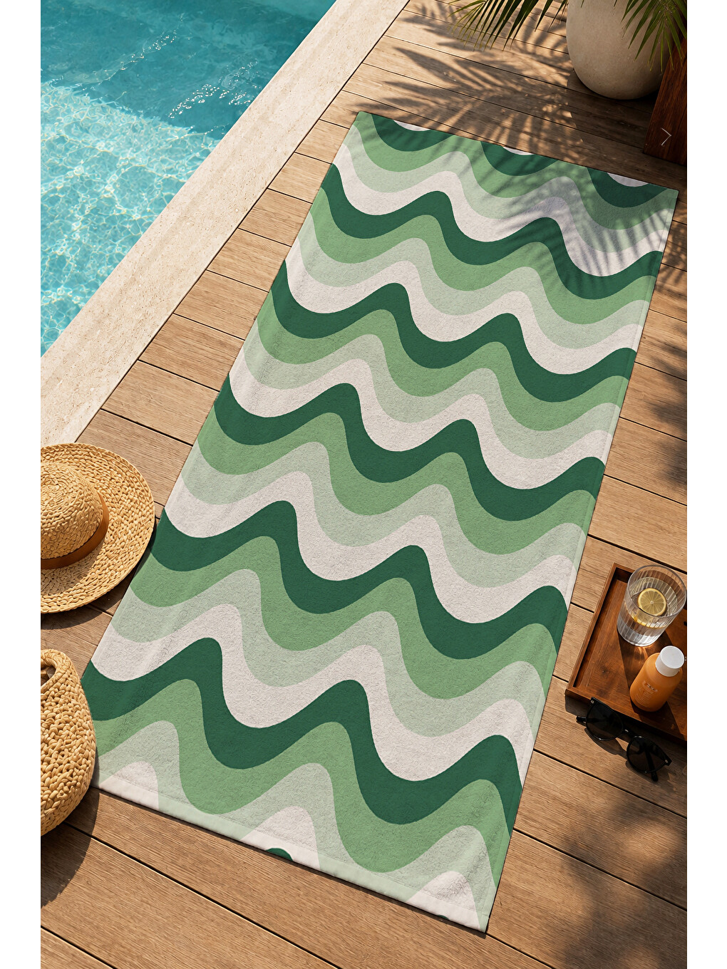 Retro Yeşil Mint Dalgalı Çizgili Modern Desenli 70x150 Plaj Havlusu - Pamuklu Banyo Havlusu-1