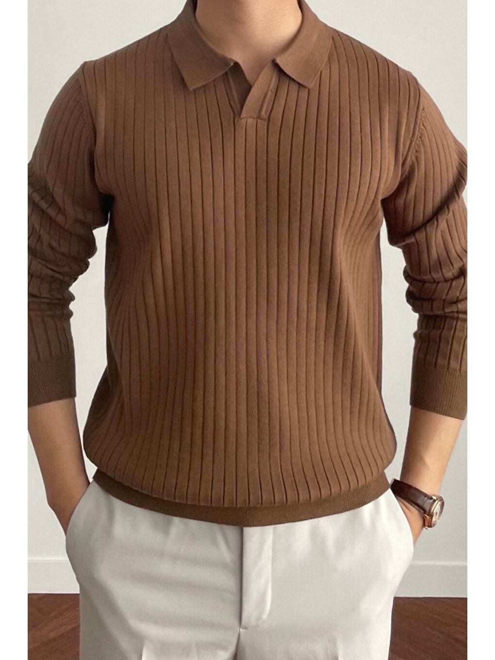 Erkek Koyu Kahverengi Polo Yaka Fitilli Triko Kazak-2