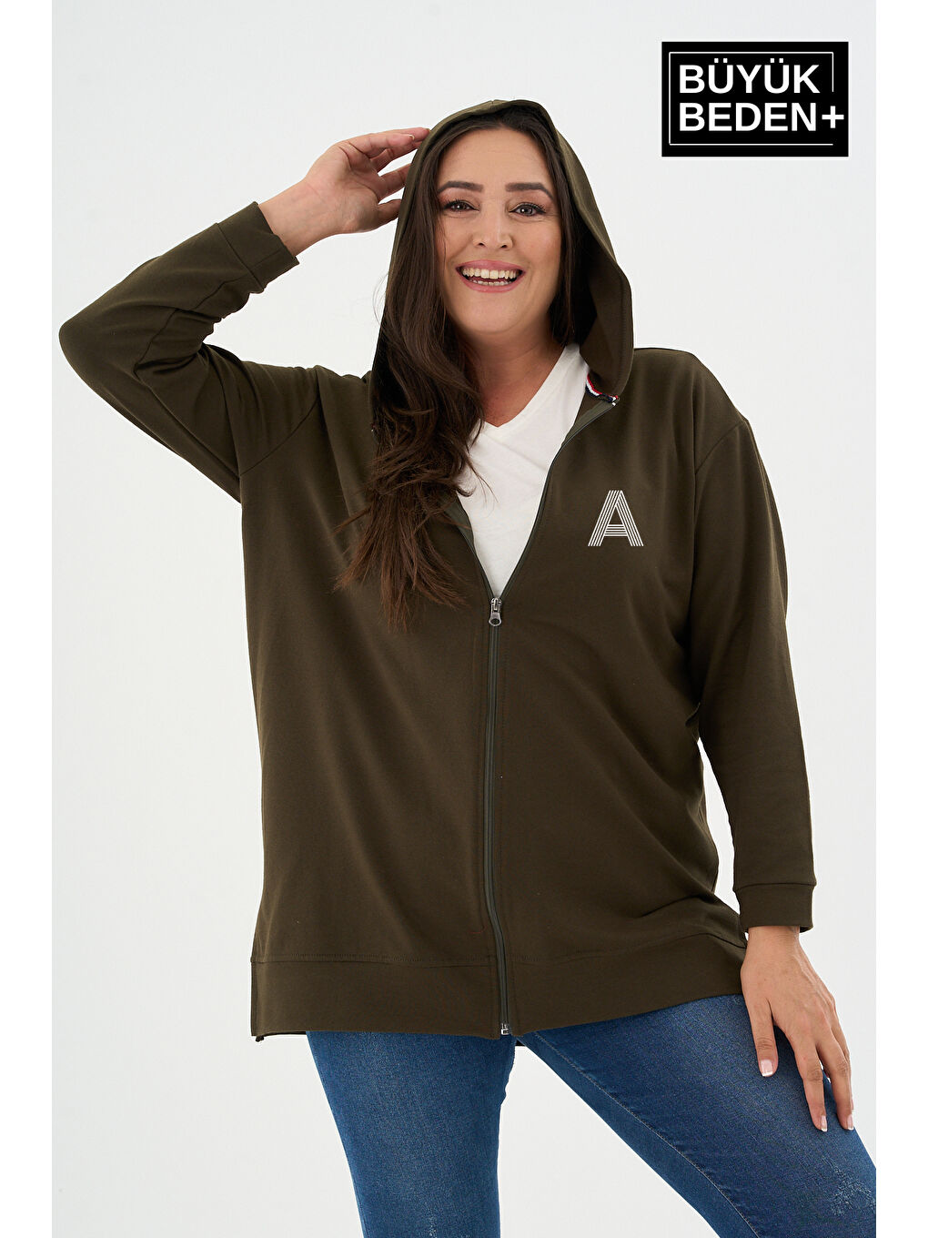 Haki Kadın Tunik Büyük Beden A Baskılı Fermuarlı Kapüşonlu Sweat Hırka SPR26BTK955-3