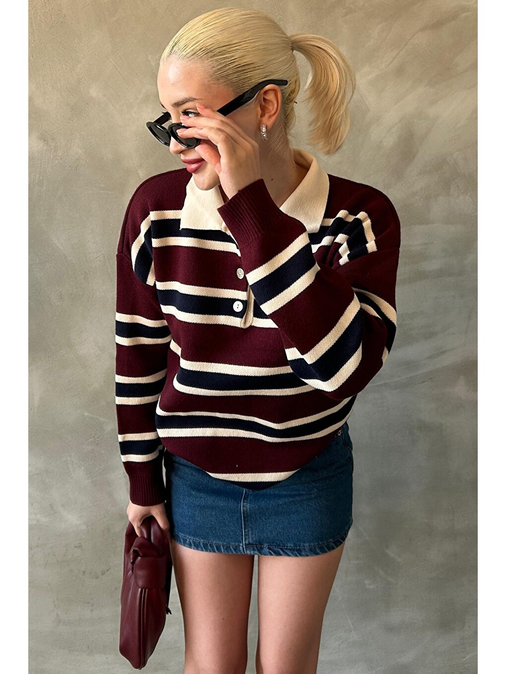 Bordo Çizgili Düğmeli Polo Yaka Kadın Triko Kazak Mg2281-1