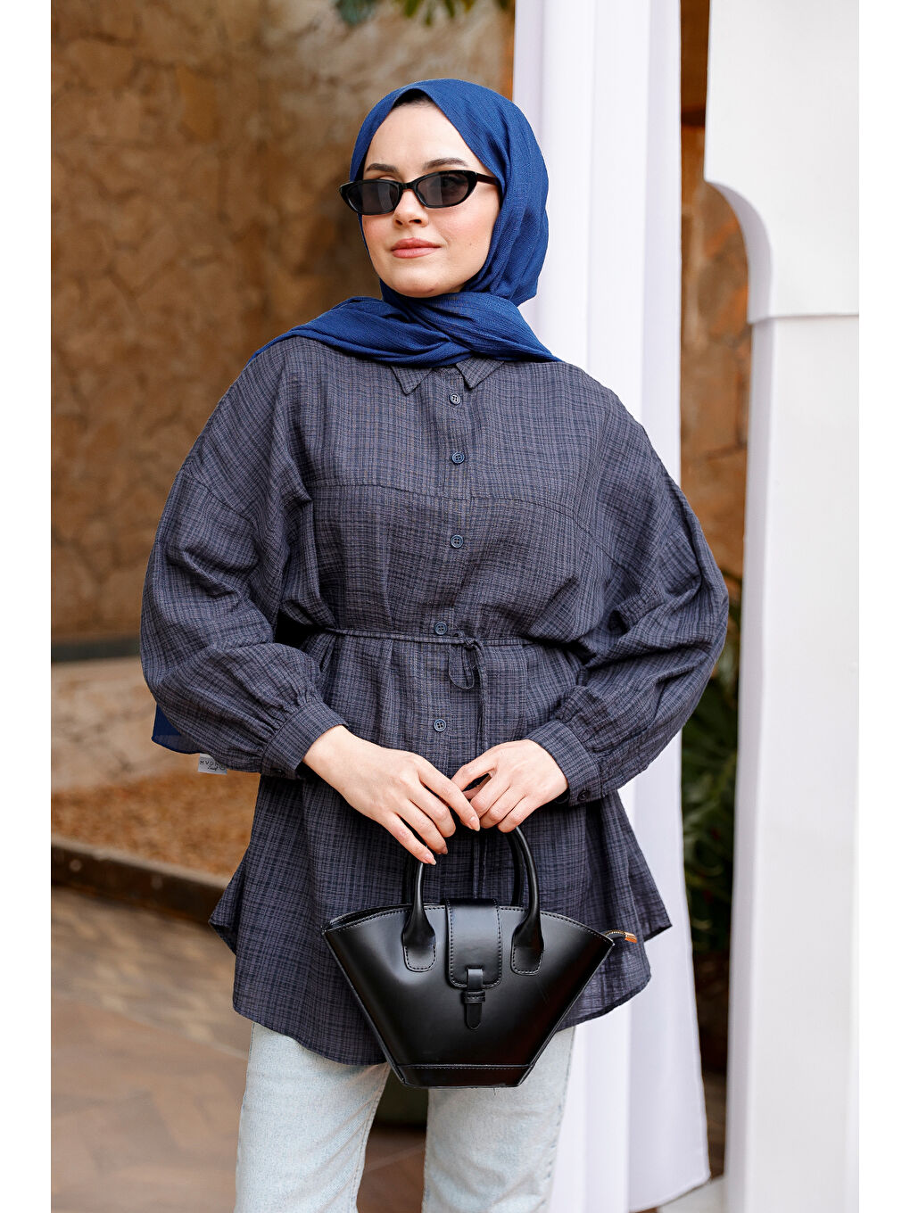 Kadın Ekose Desenli Bel Bağlamalı Gömlek Antrasit