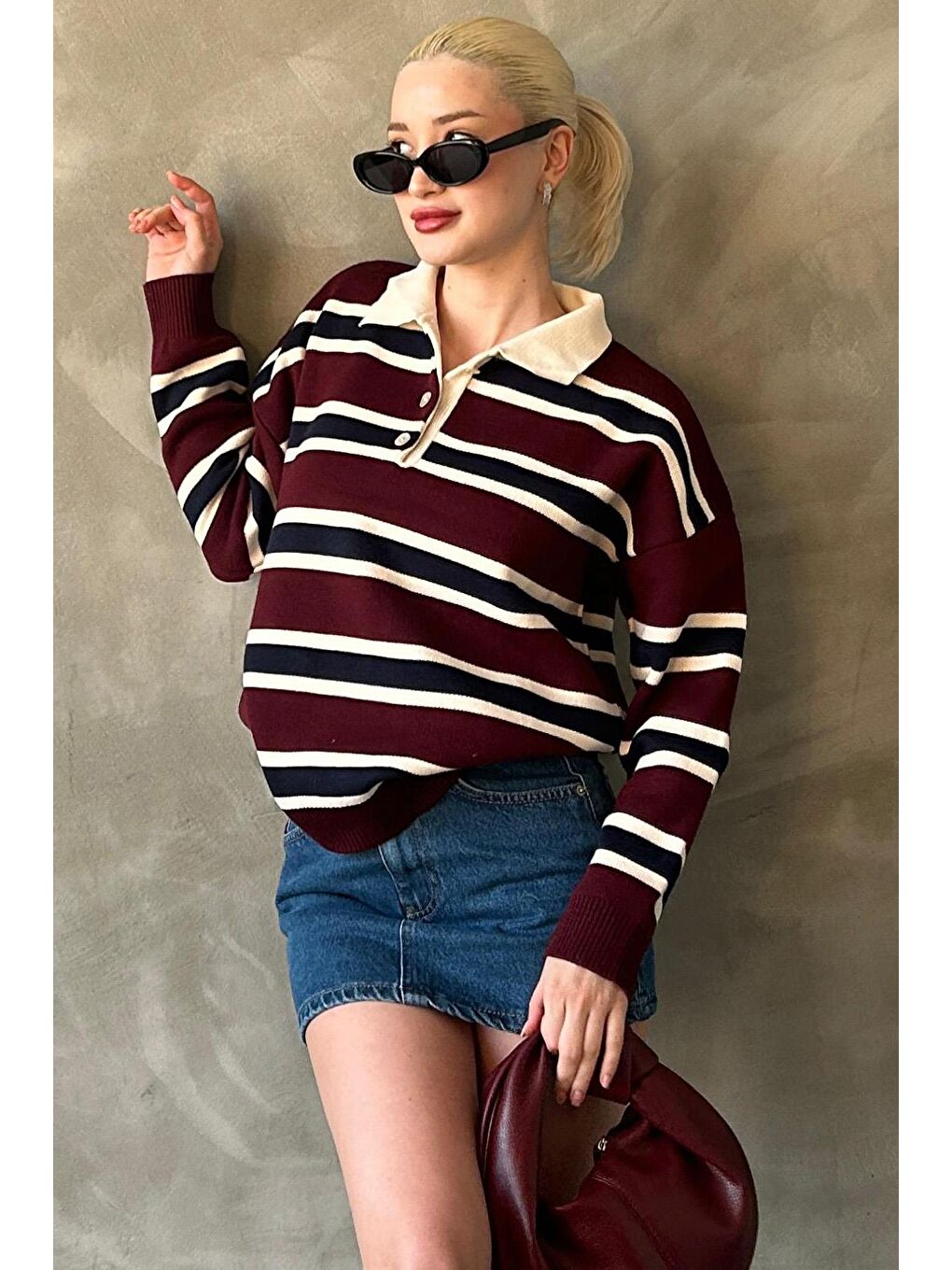 Bordo Çizgili Düğmeli Polo Yaka Kadın Triko Kazak Mg2281-2