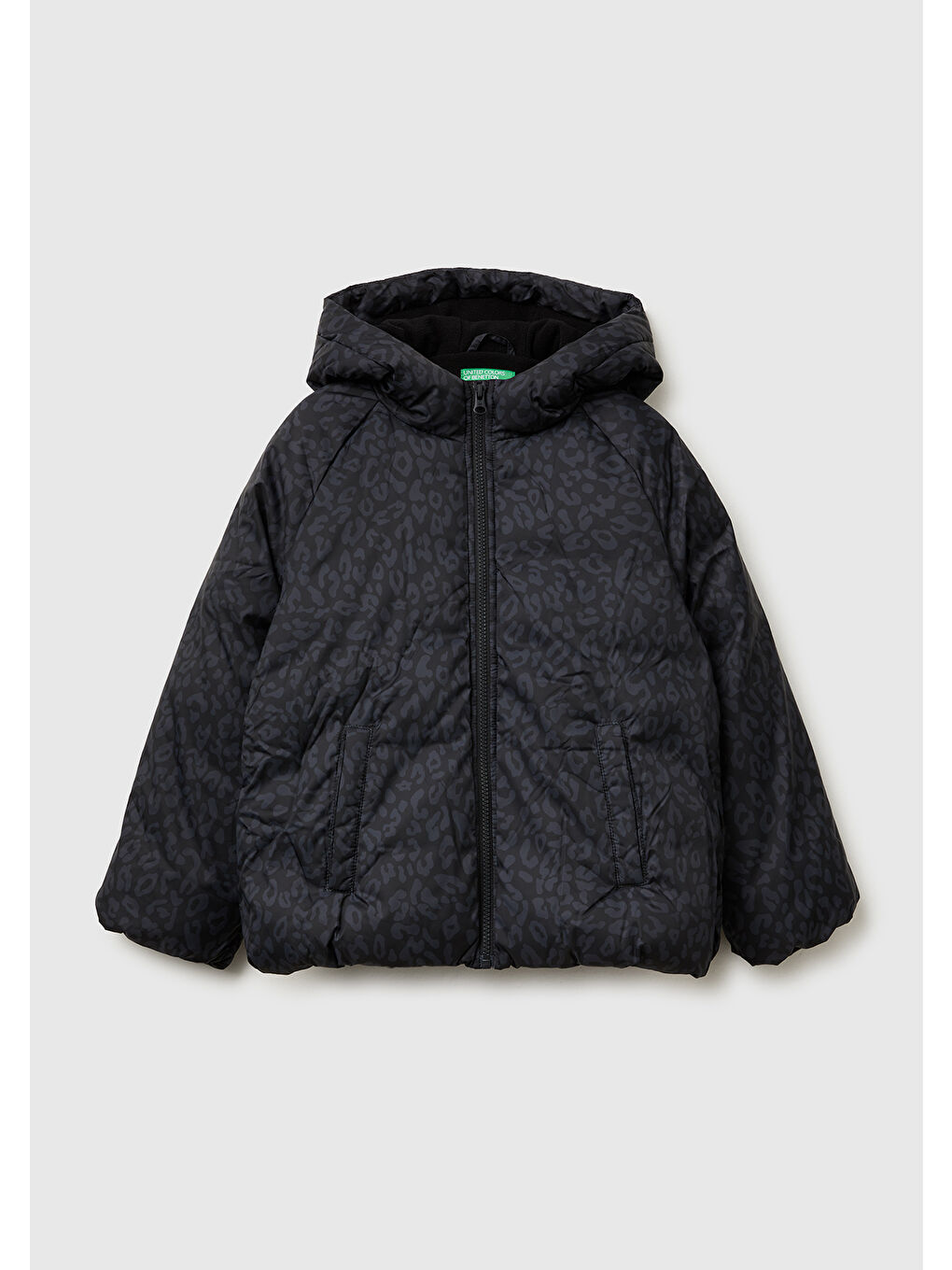 Kız Çocuk Siyah Desenli Fermuarlı  Astarlı Kapüşonlu Dolgulu Mont