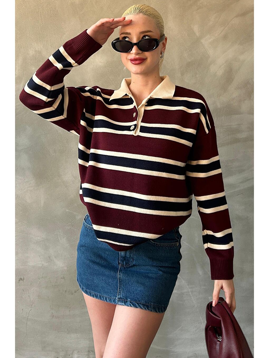Bordo Çizgili Düğmeli Polo Yaka Kadın Triko Kazak Mg2281-3