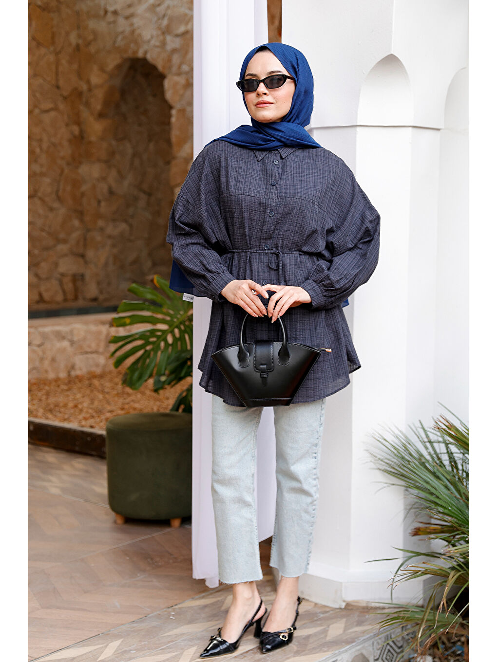 Kadın Ekose Desenli Bel Bağlamalı Gömlek Antrasit-2