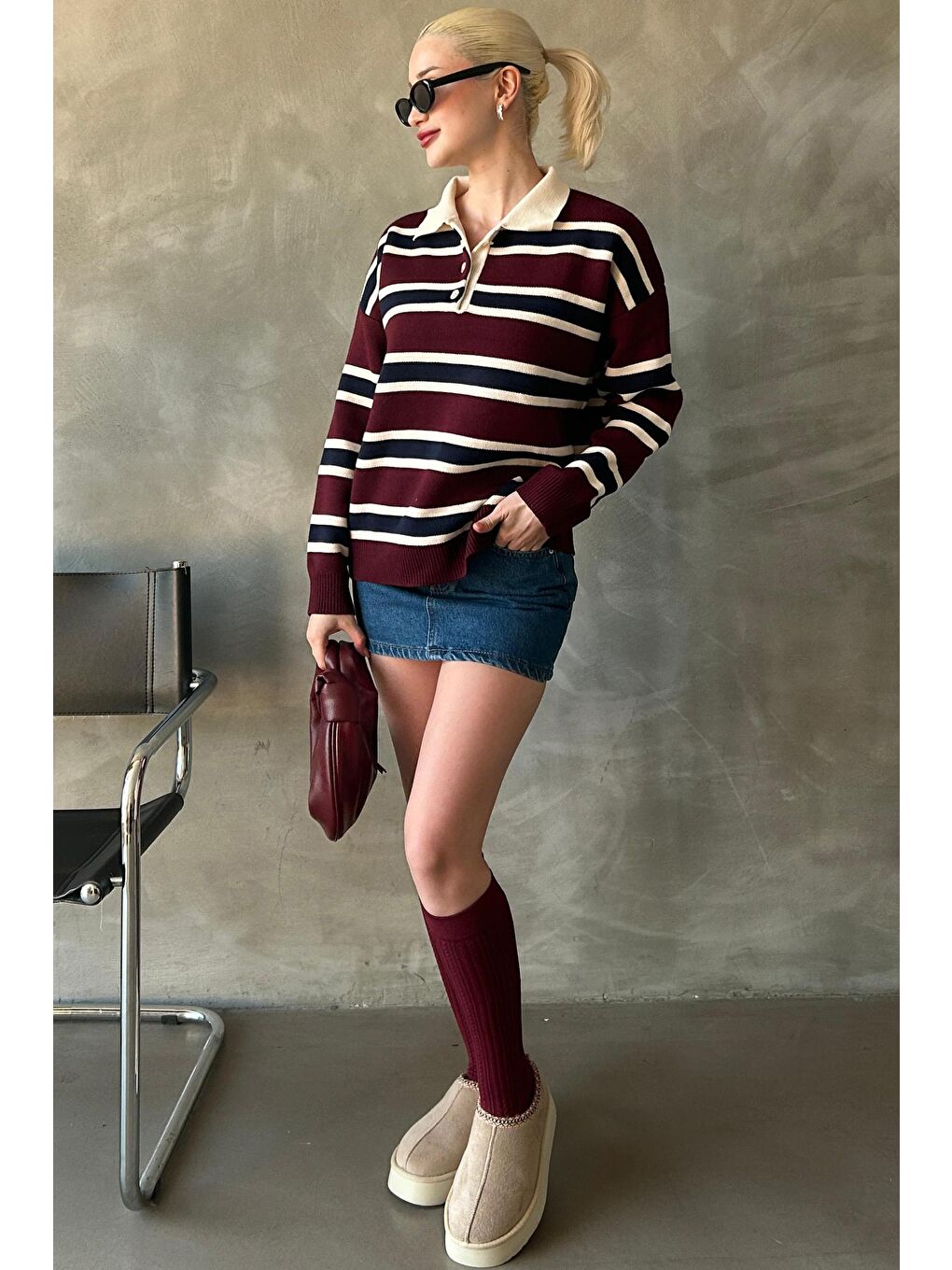 Bordo Çizgili Düğmeli Polo Yaka Kadın Triko Kazak Mg2281-4