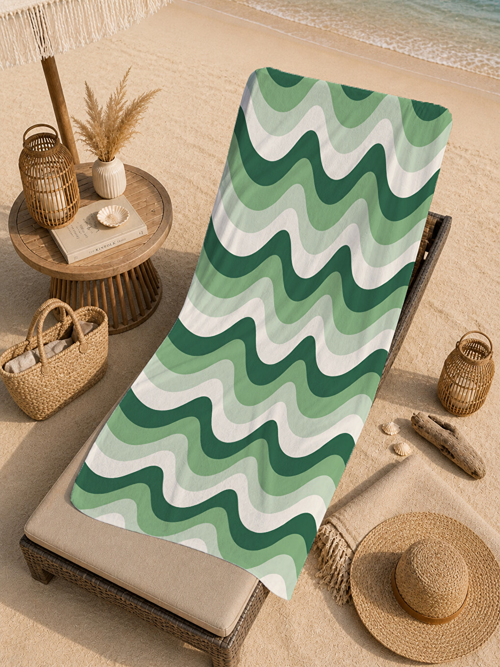 Retro Yeşil Mint Dalgalı Çizgili Modern Desenli 70x150 Plaj Havlusu - Pamuklu Banyo Havlusu-3