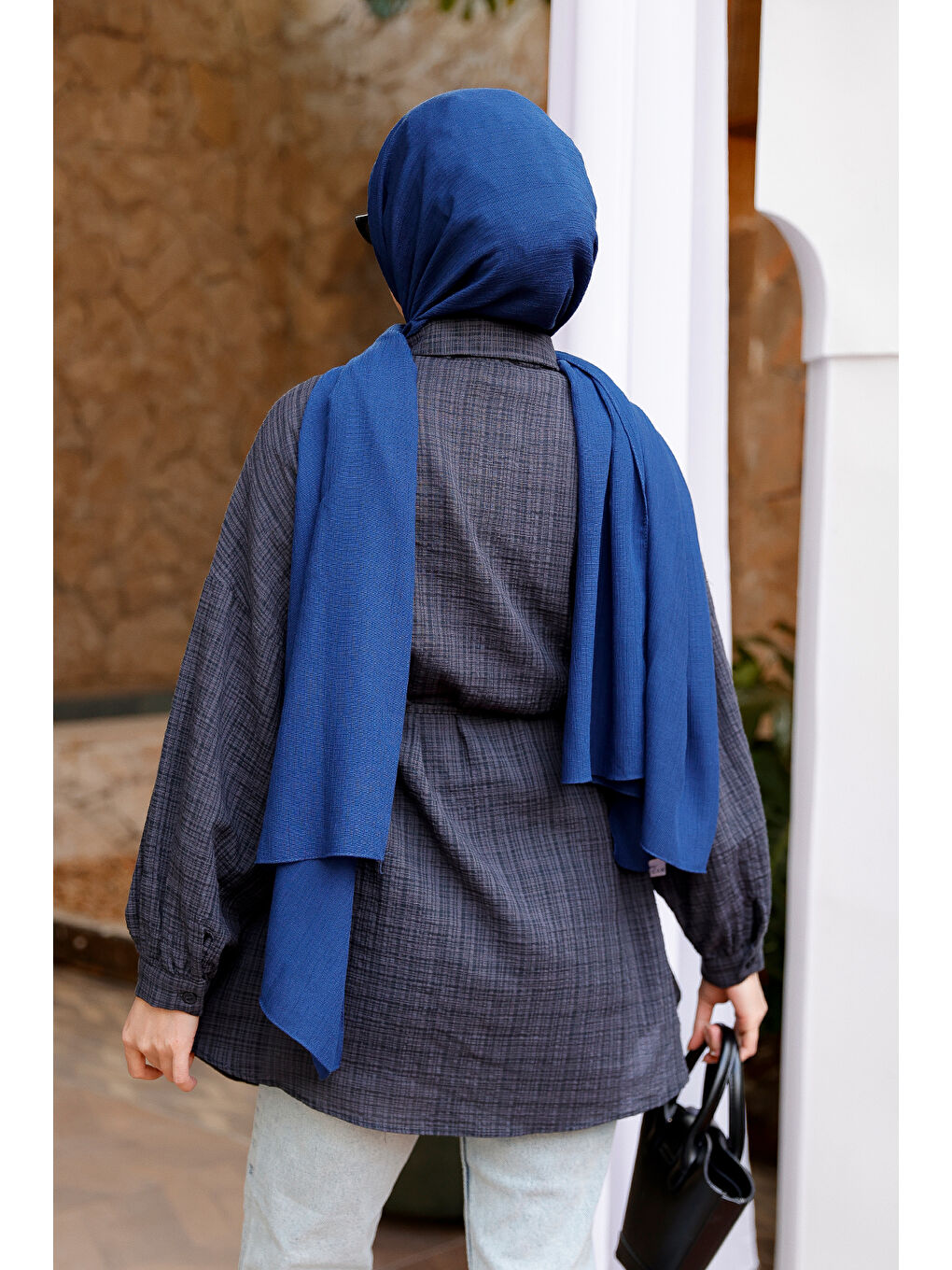 Kadın Ekose Desenli Bel Bağlamalı Gömlek Antrasit-3