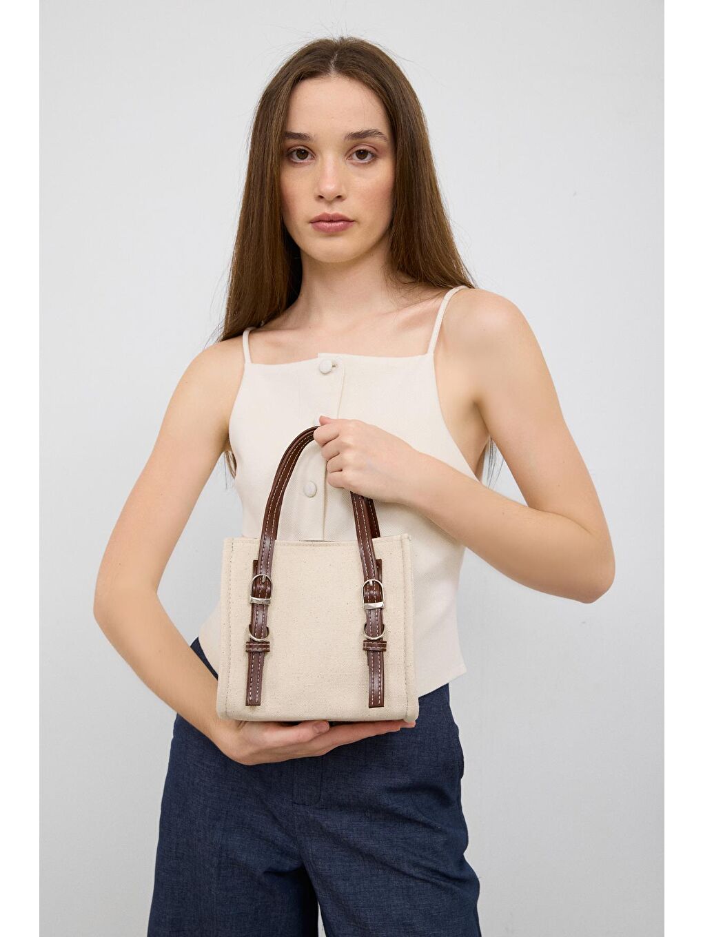 Ekru Luxe Garnili Kemer Detaylı El Ve Çapraz Çanta Krem-2