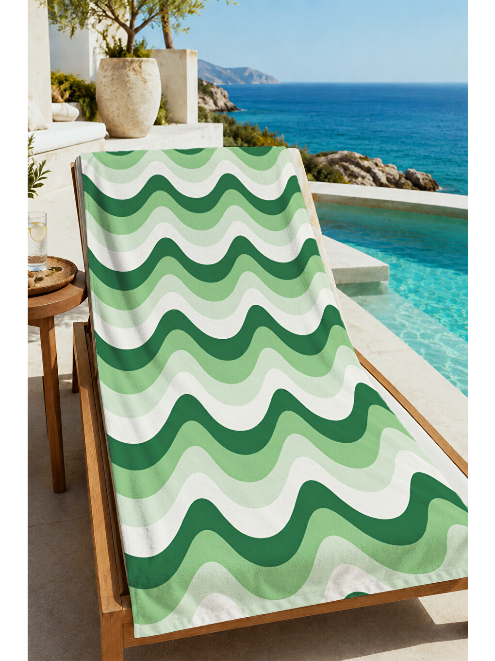Retro Yeşil Mint Dalgalı Çizgili Modern Desenli 70x150 Plaj Havlusu - Pamuklu Banyo Havlusu-4