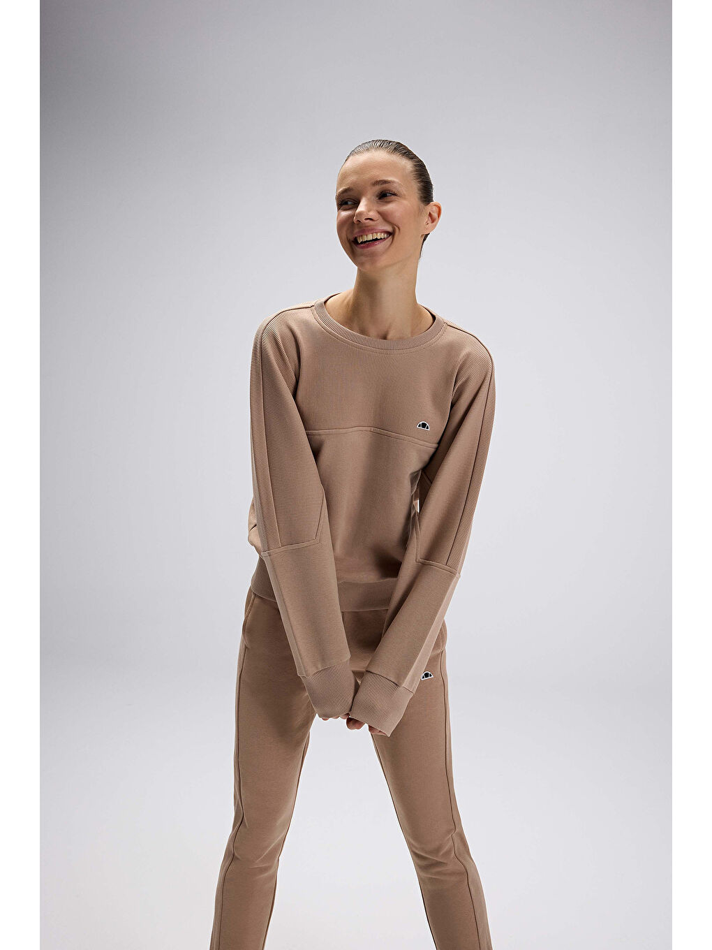 Bej Logolu Pamuklu Regular Fit Bisiklet Yaka Kadın Sweat EF567-BG-3