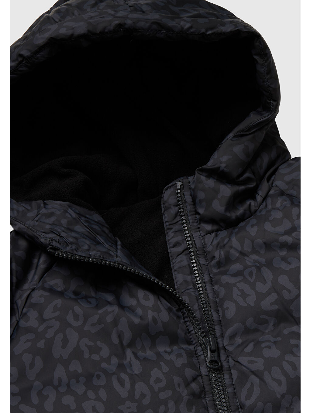 Kız Çocuk Siyah Desenli Fermuarlı  Astarlı Kapüşonlu Dolgulu Mont-2