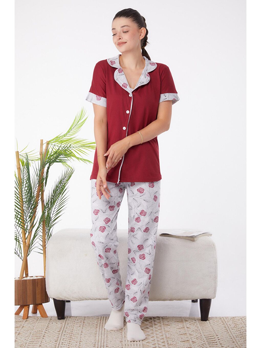 TOFİSA Bordo Düz Gömlek Yaka Kadın Bordo Desenli Pijama Takımı - 25968 - 1